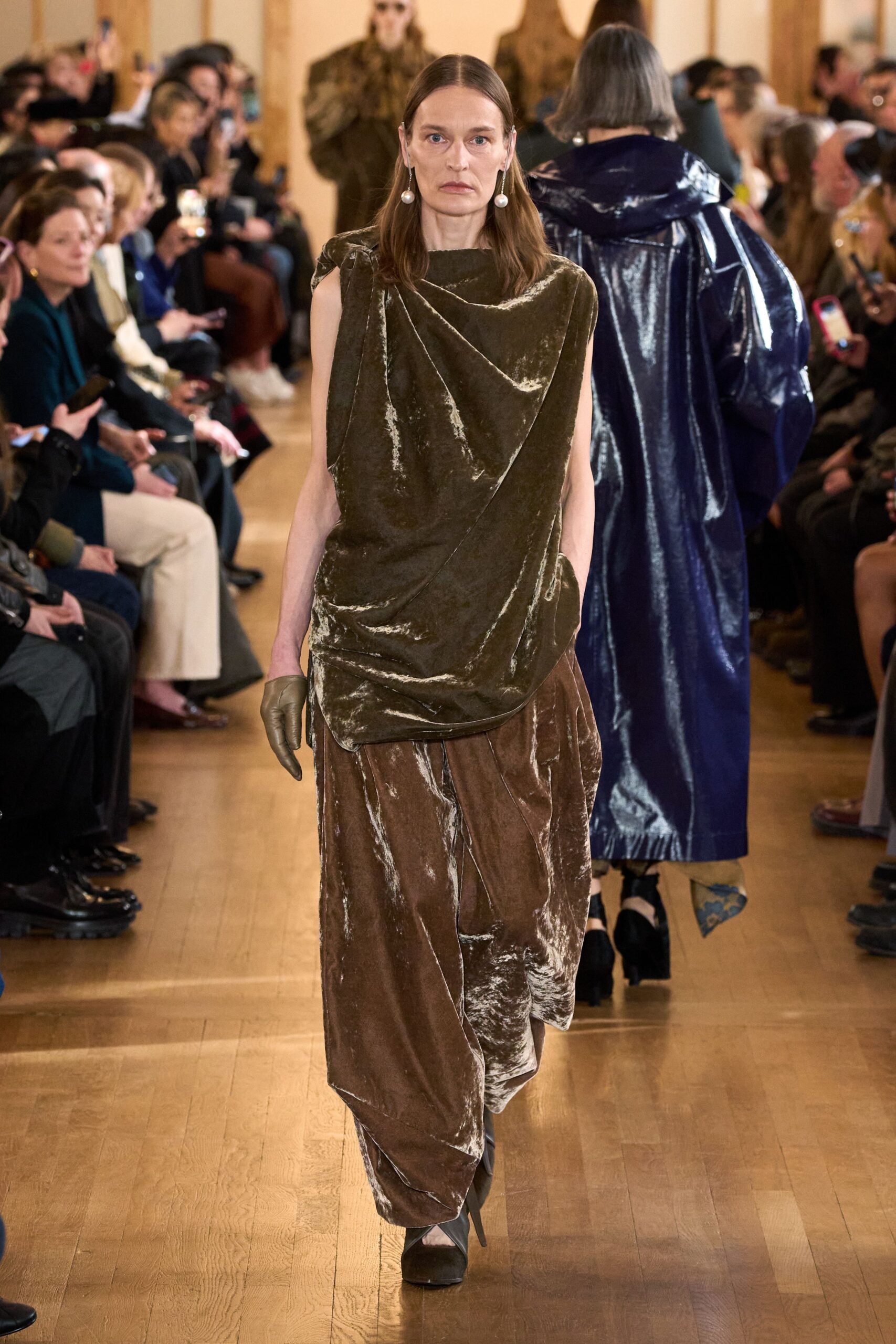 brown velvet relaxed wide-leg shiny pants