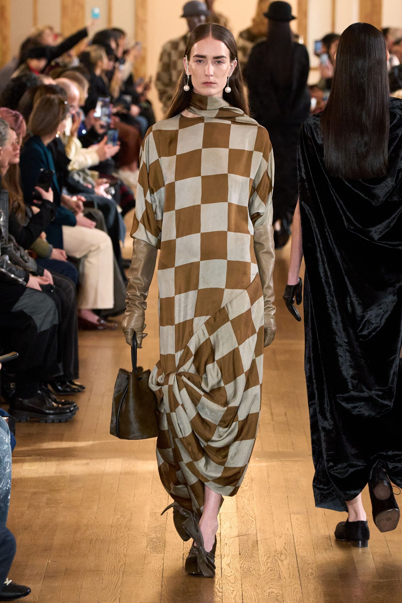 brown silk long-sleeve high-neck relaxed checked draped dress