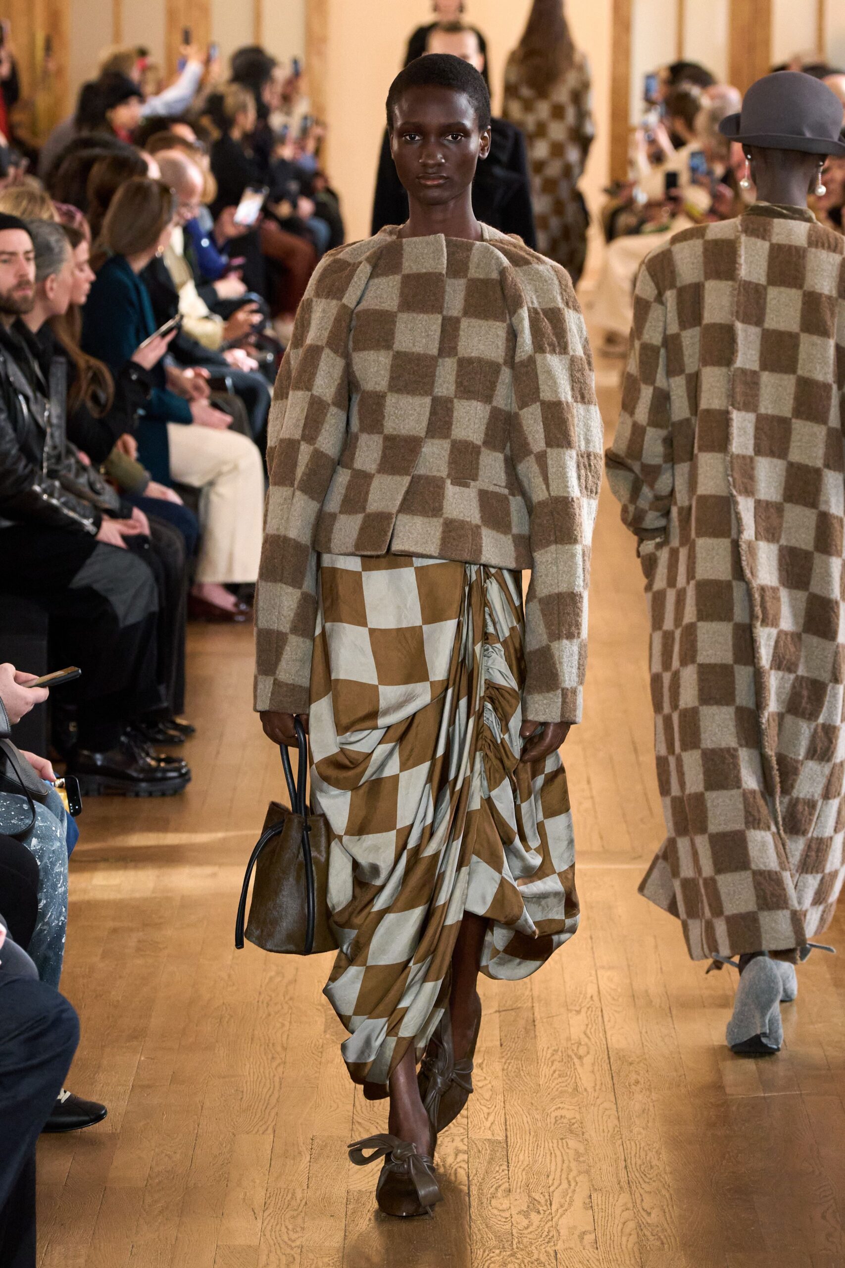 brown wool long-sleeve collared oversized checked top