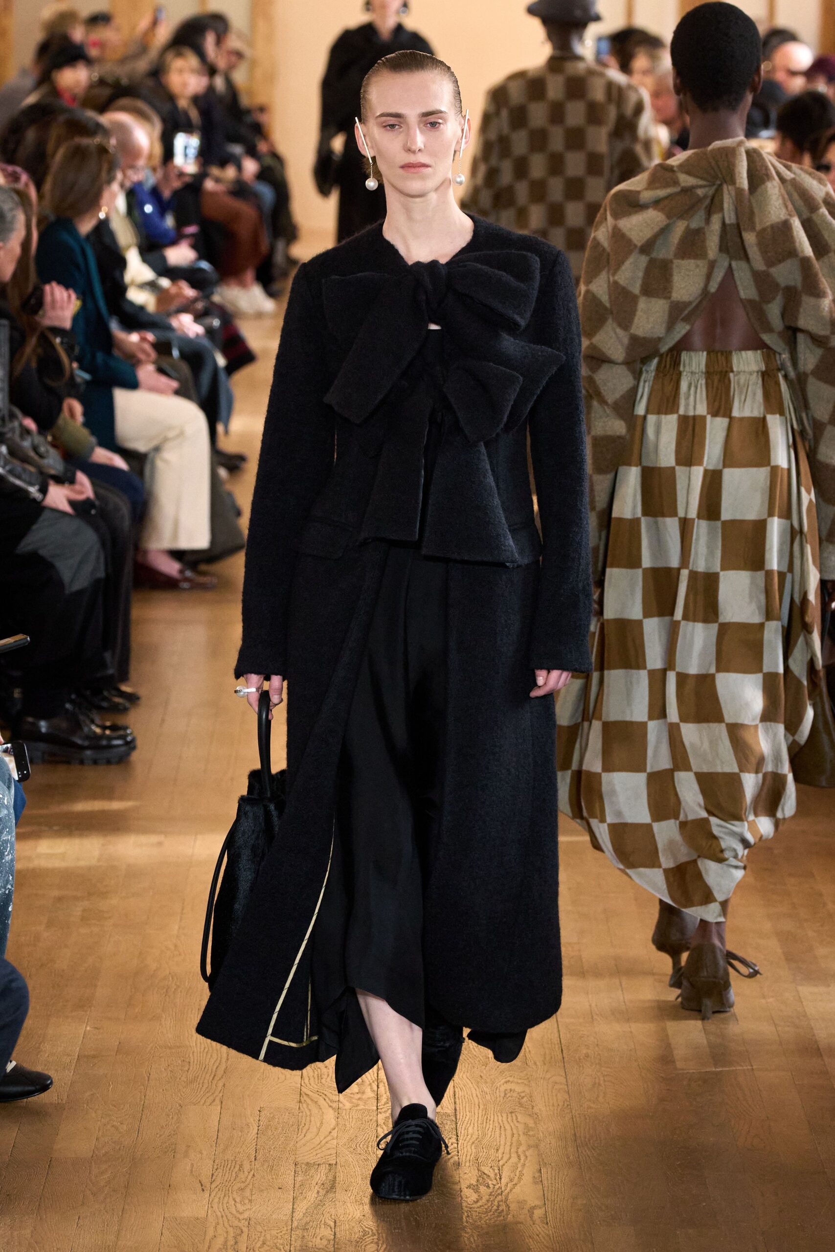 black wool long-sleeve collared fitted belted maxi coat