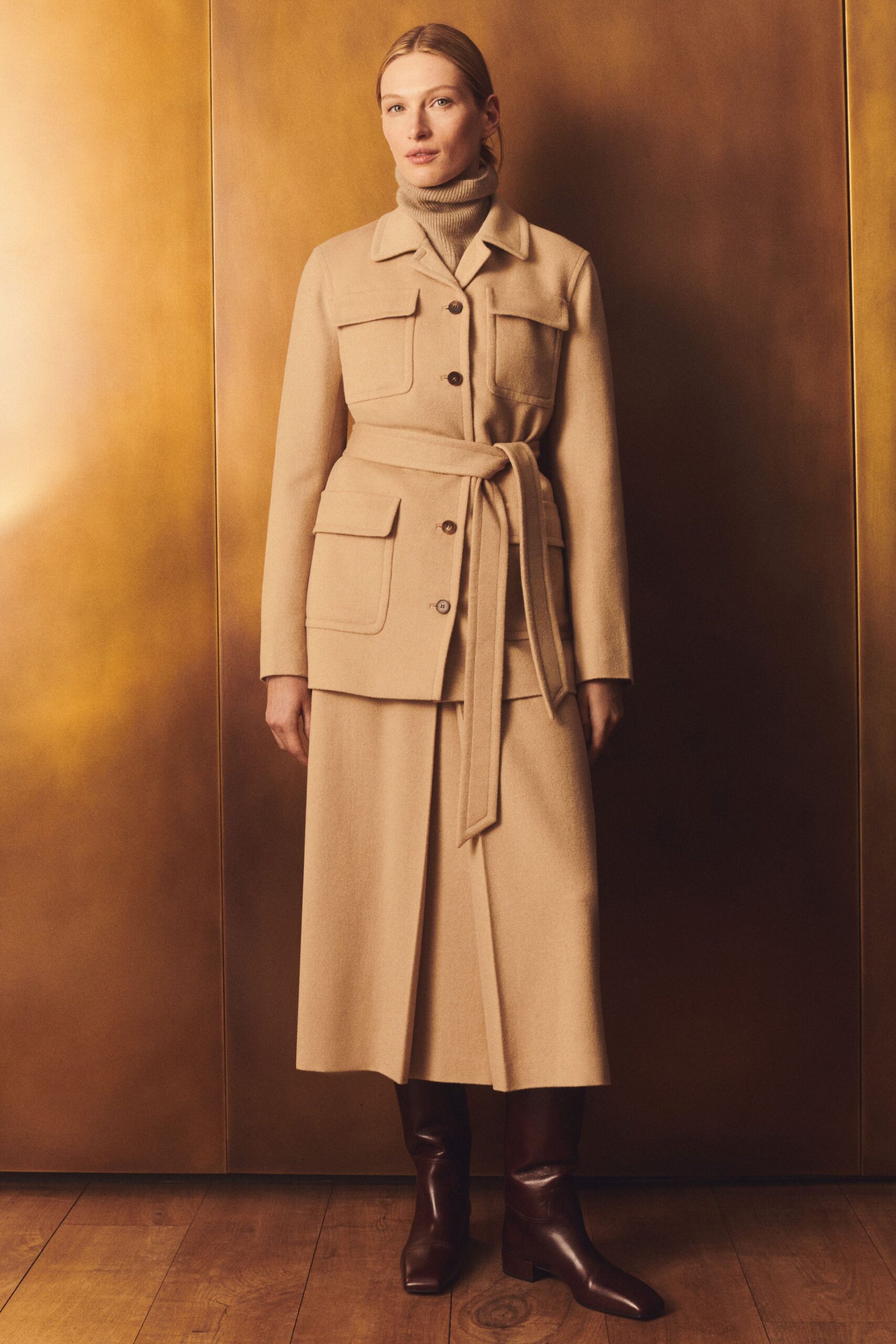 beige wool fitted straight-leg midi skirt