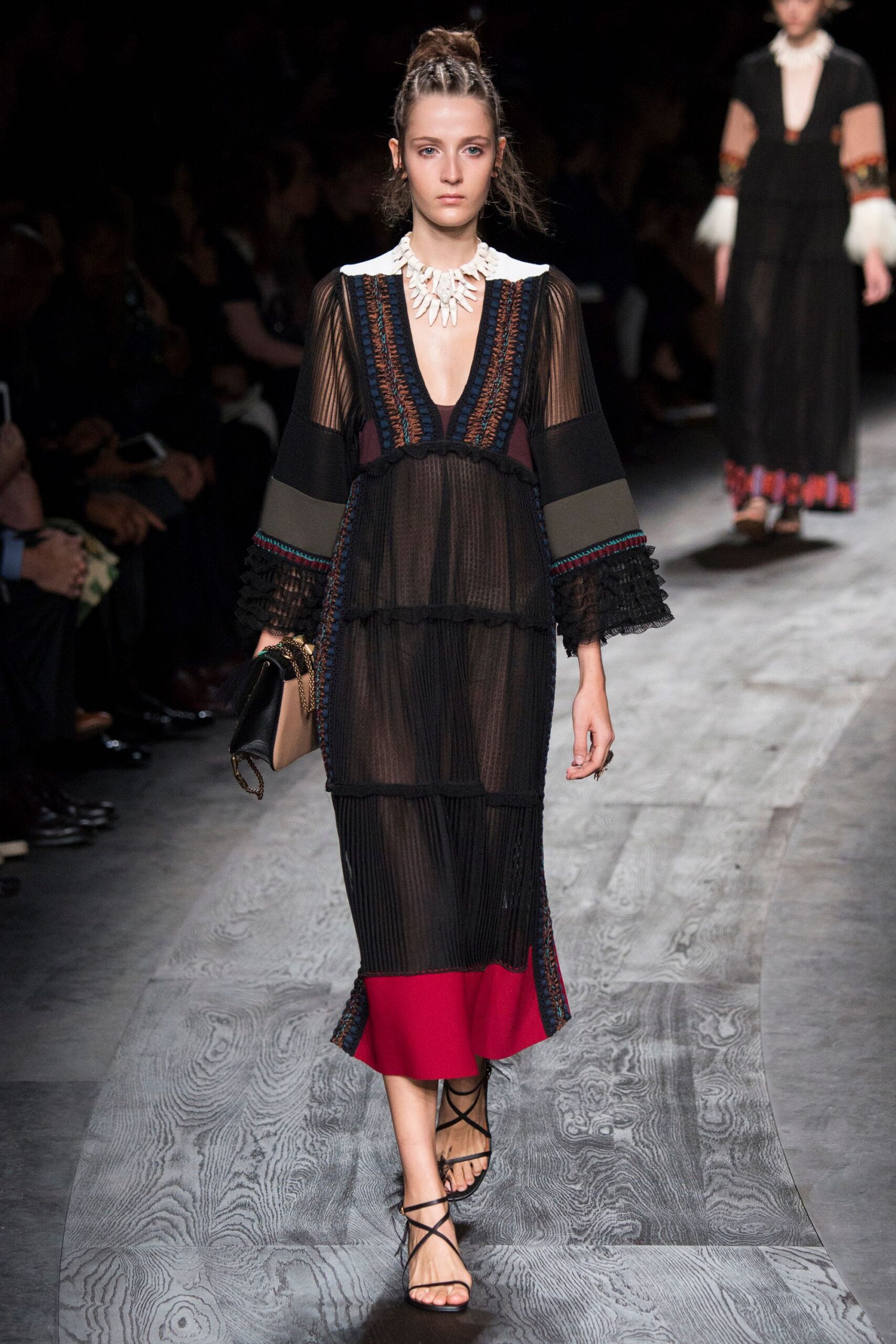 black silk long-sleeve v-neck fitted pleated layered dress