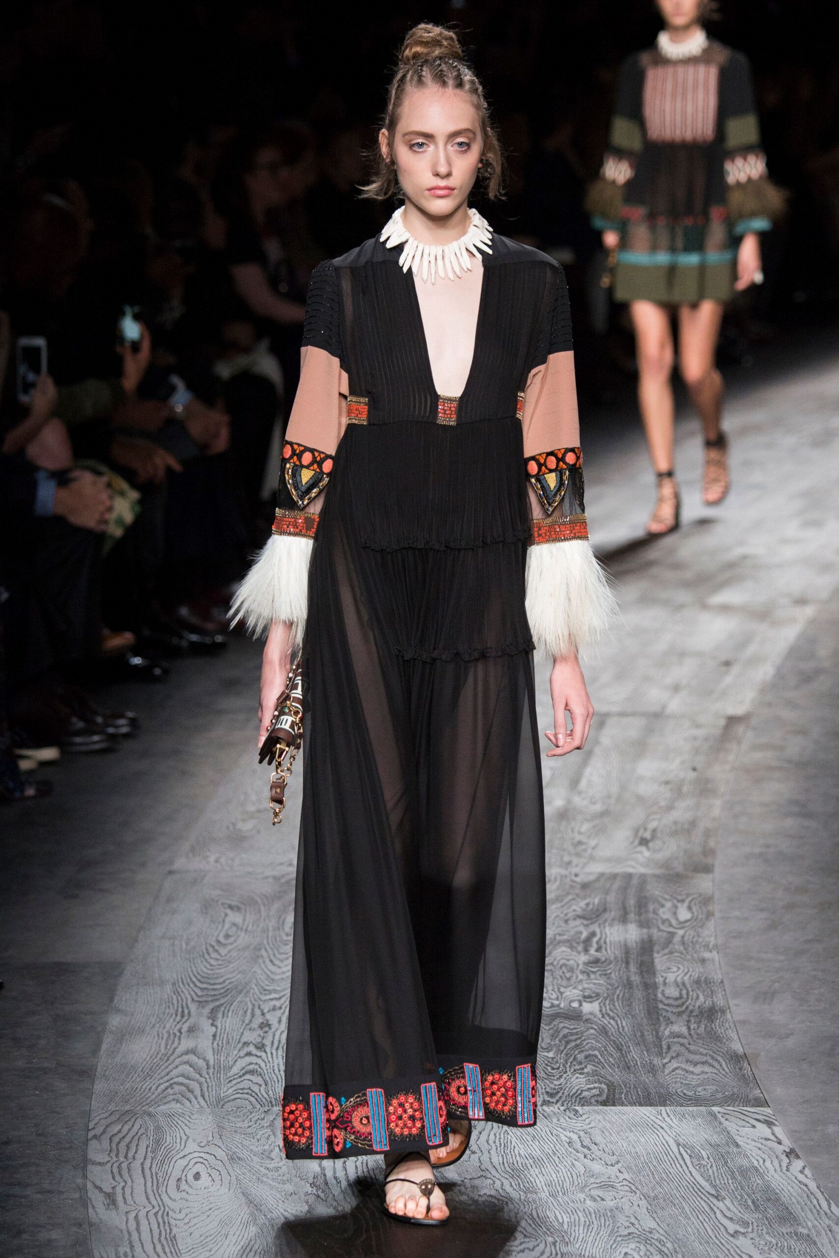 black silk long-sleeve v-neck fitted pleated embroidered dress