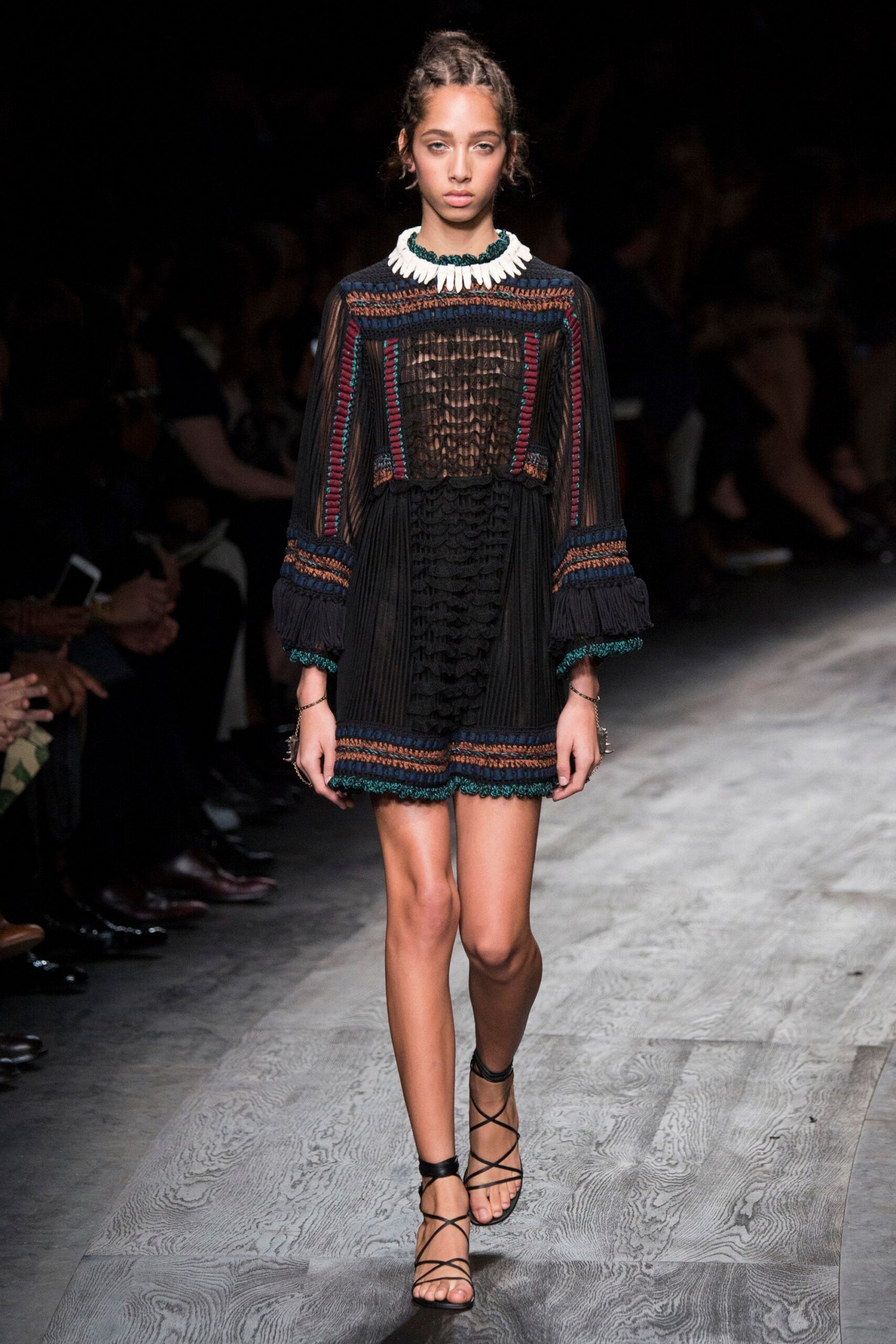 black silk long-sleeve collared fitted embroidered ruffled dress