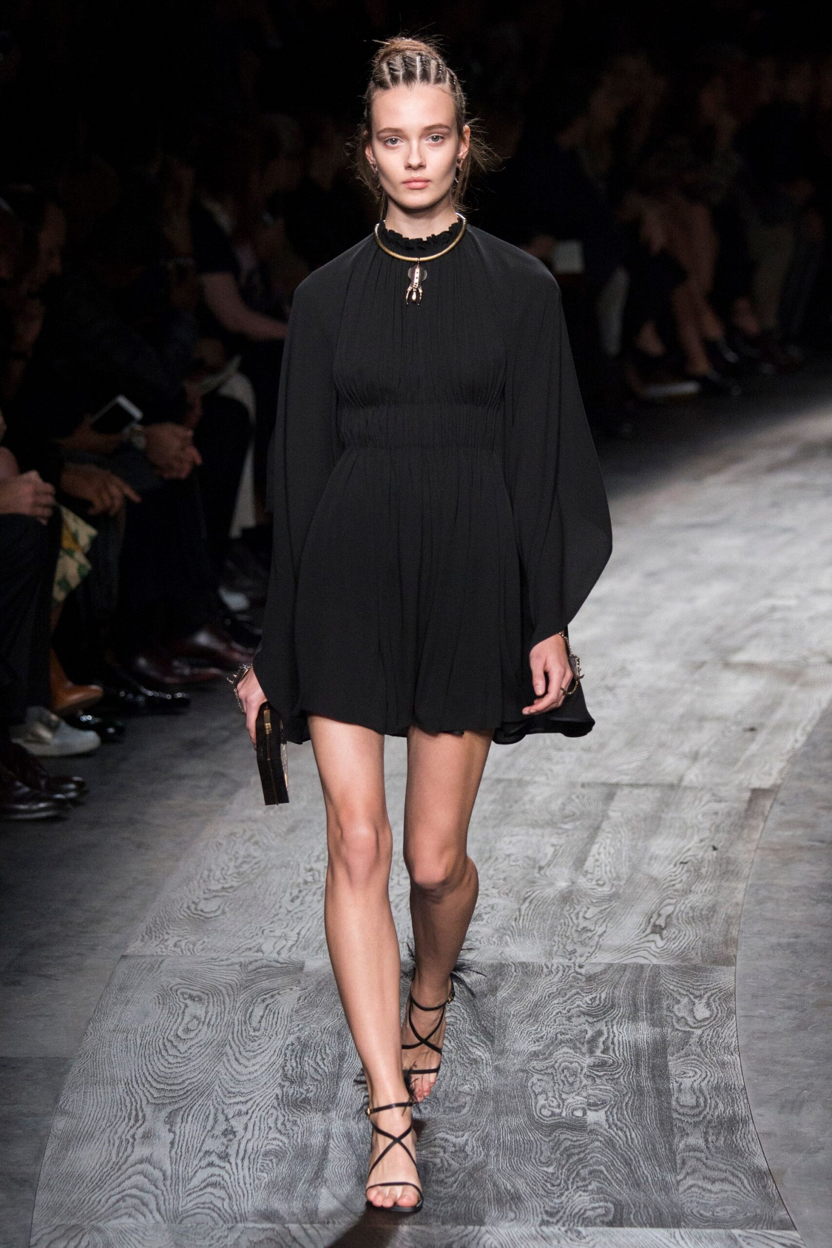 black silk long-sleeve high-neck fitted pleated mini dress