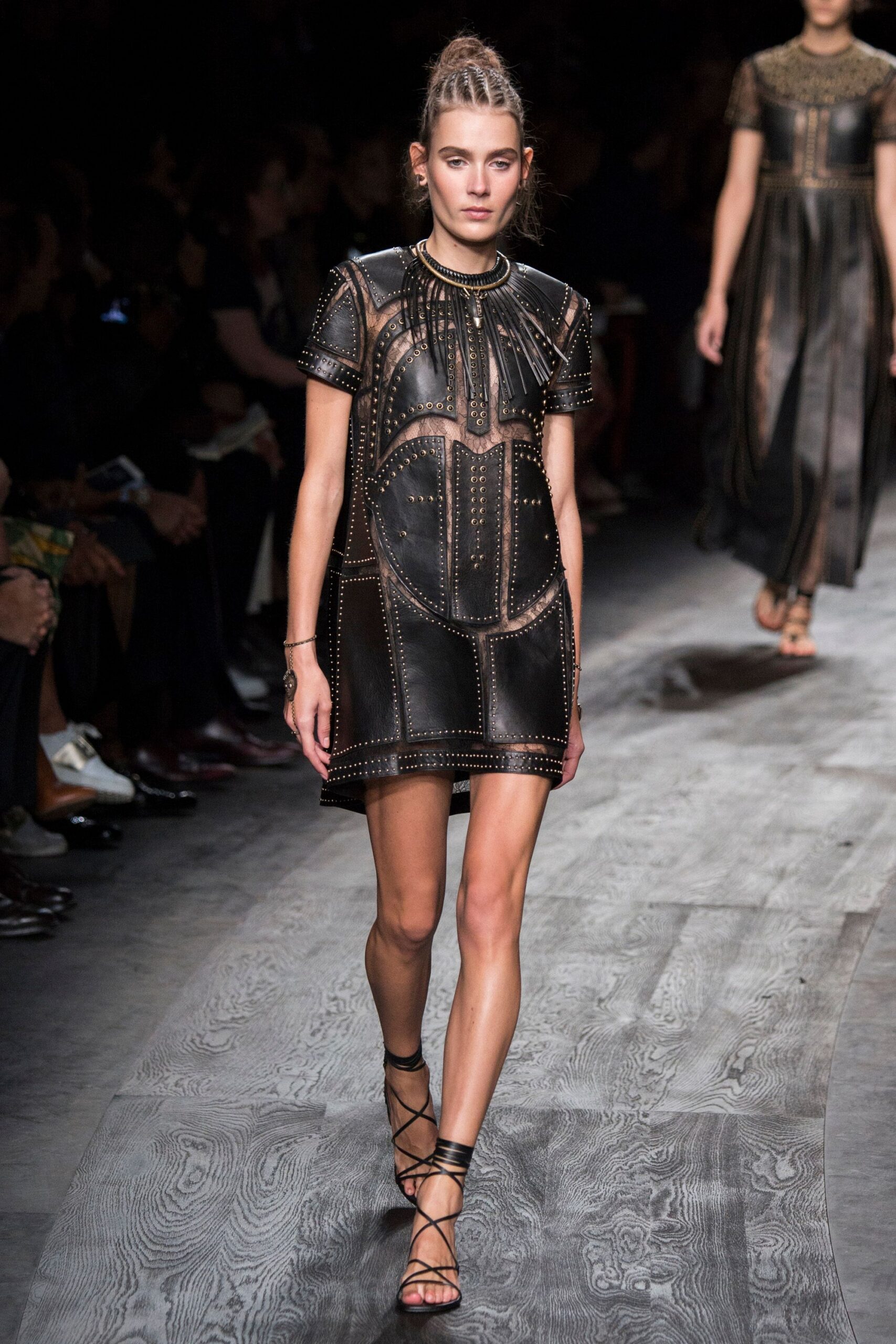 black leather short-sleeve high-neck fitted pleated embellished dress