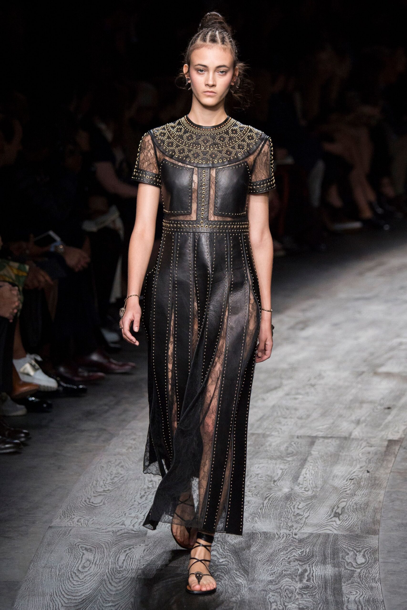 black leather short-sleeve v-neck fitted pleated embroidered dress