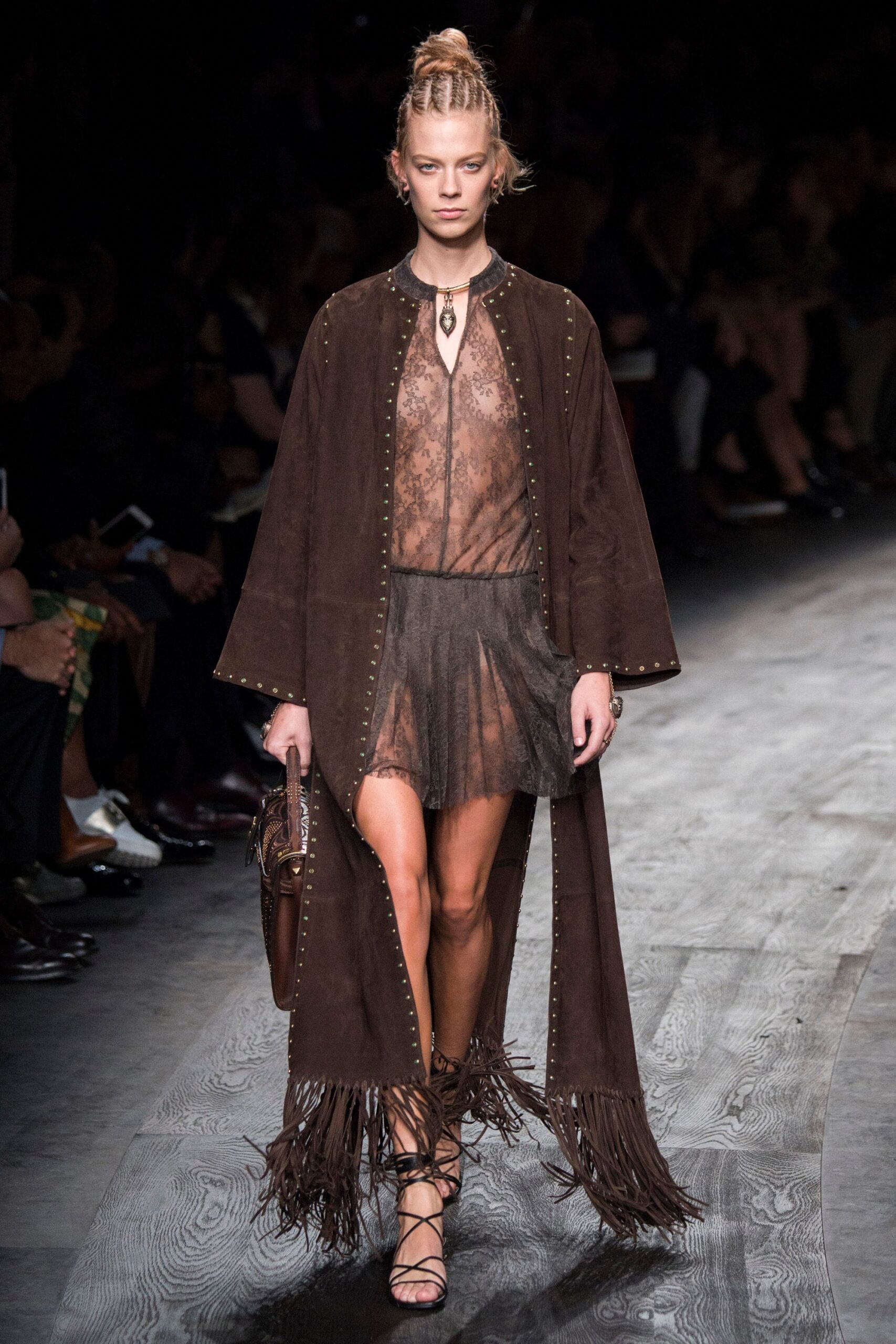 brown suede sleeveless v-neck fitted fringed sheer dress
