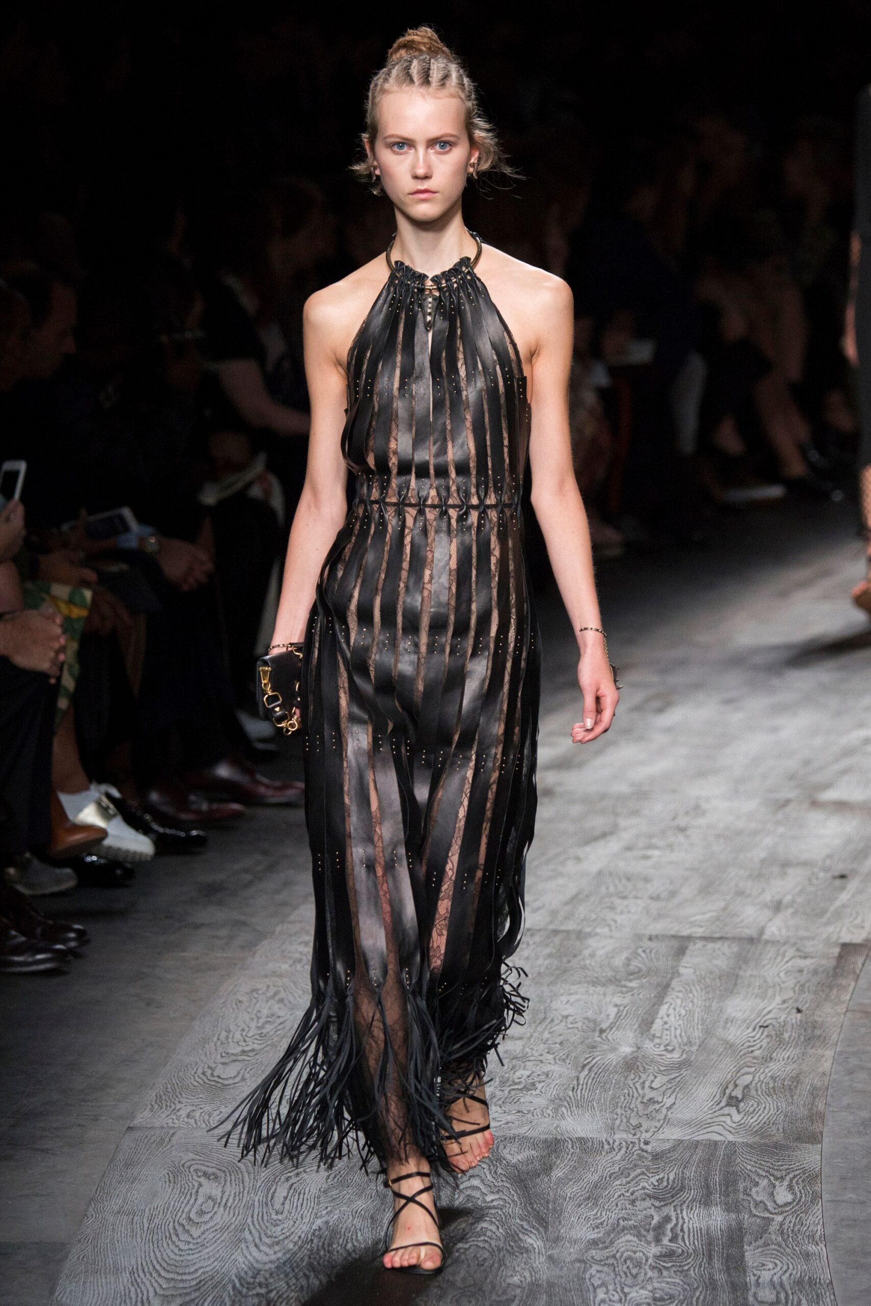 black silk sleeveless halter fitted fringed draped dress
