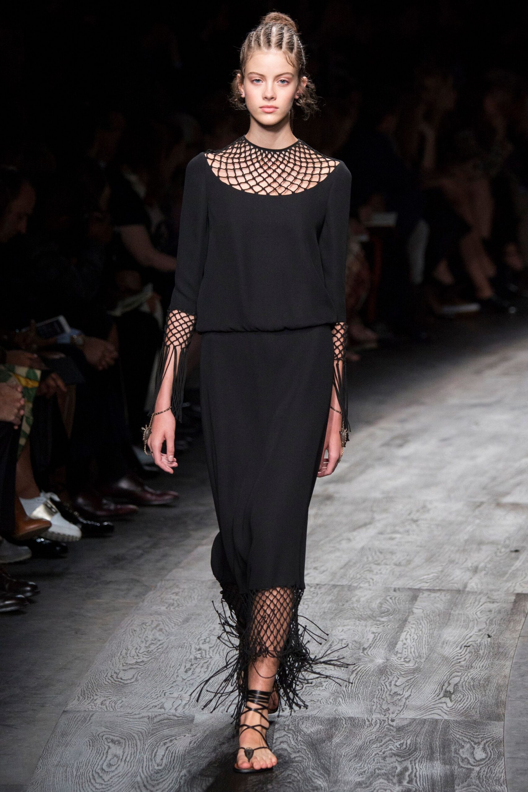 black silk long-sleeve high-neck fitted fringed layered dress