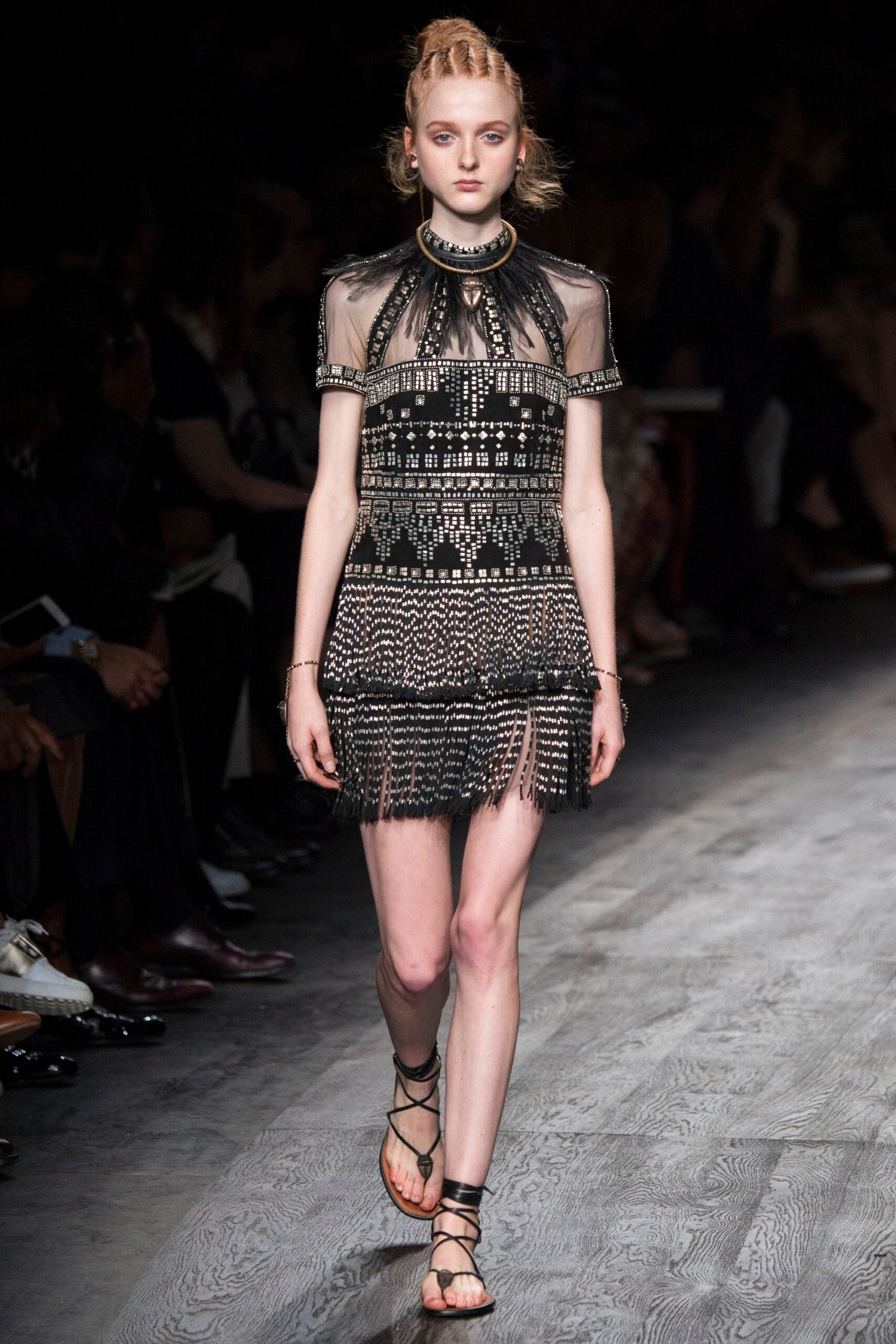 black silk sleeveless high-neck fitted fringed embroidered dress
