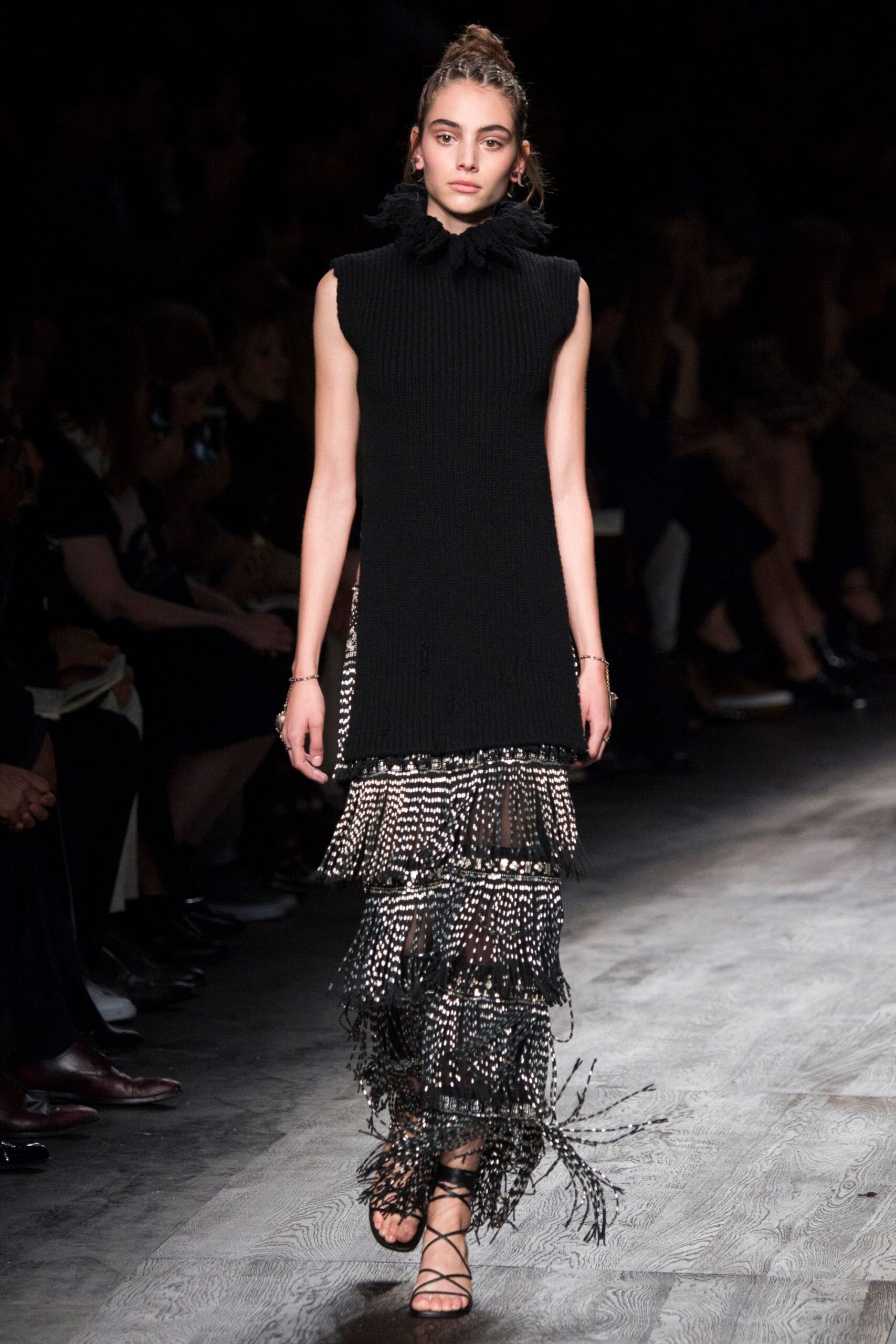 black wool sleeveless high-neck fitted layered fringed dress