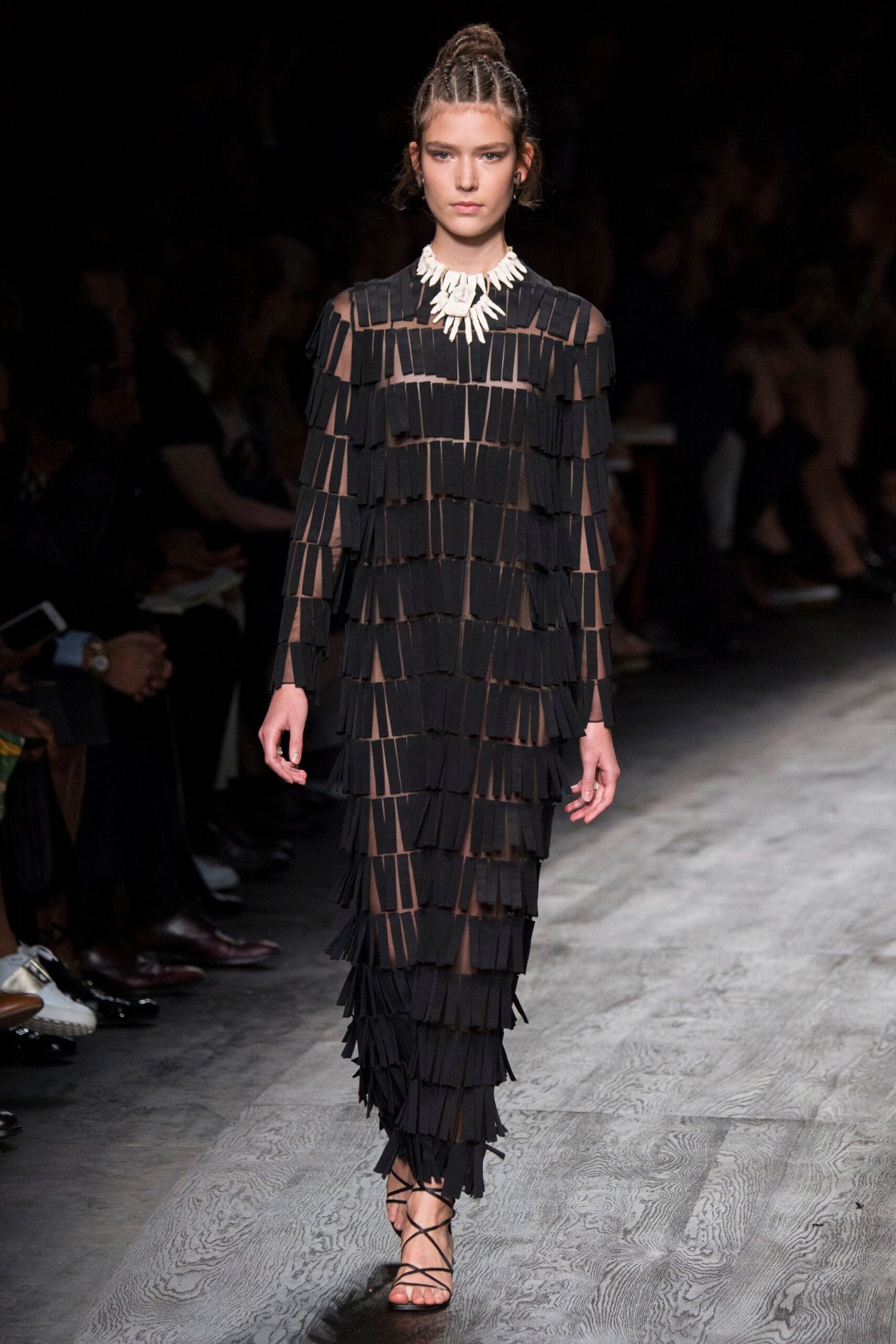 black fringed maxi dress with strappy shoes