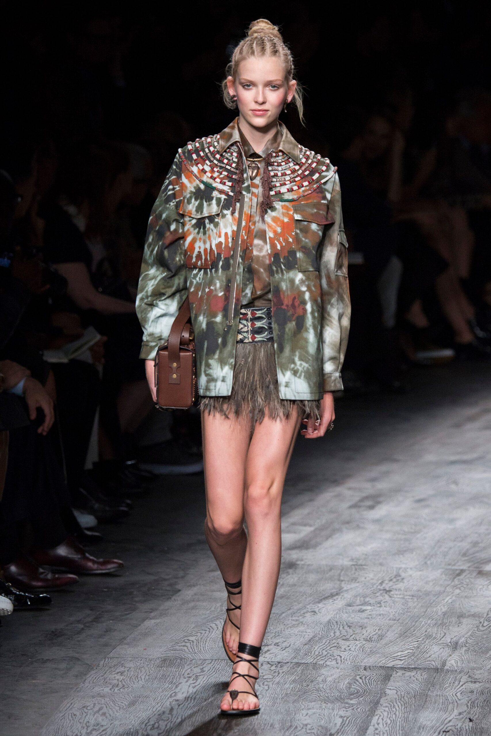 green cotton long-sleeve collared relaxed embroidered fringed jacket
