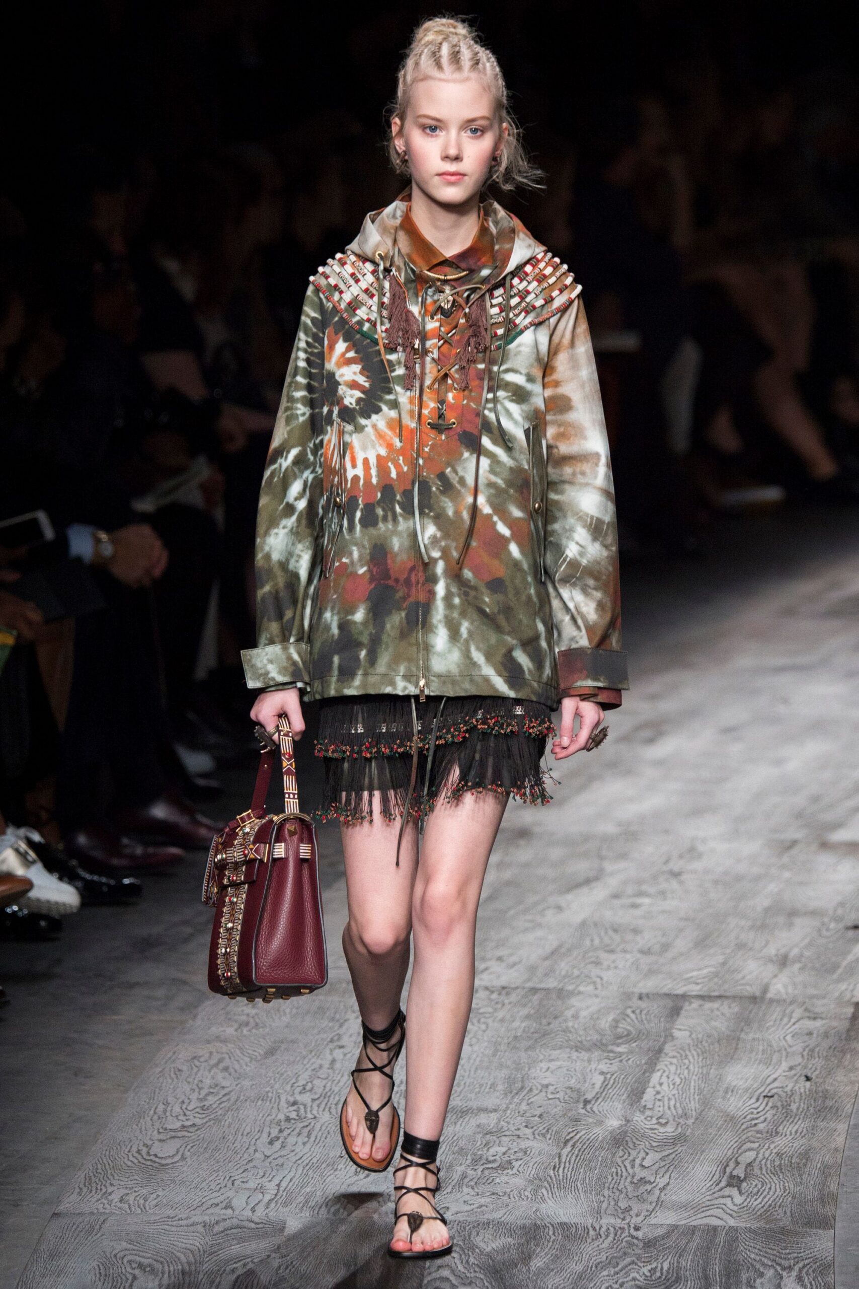 green cotton long-sleeve collared relaxed layered fringed jacket
