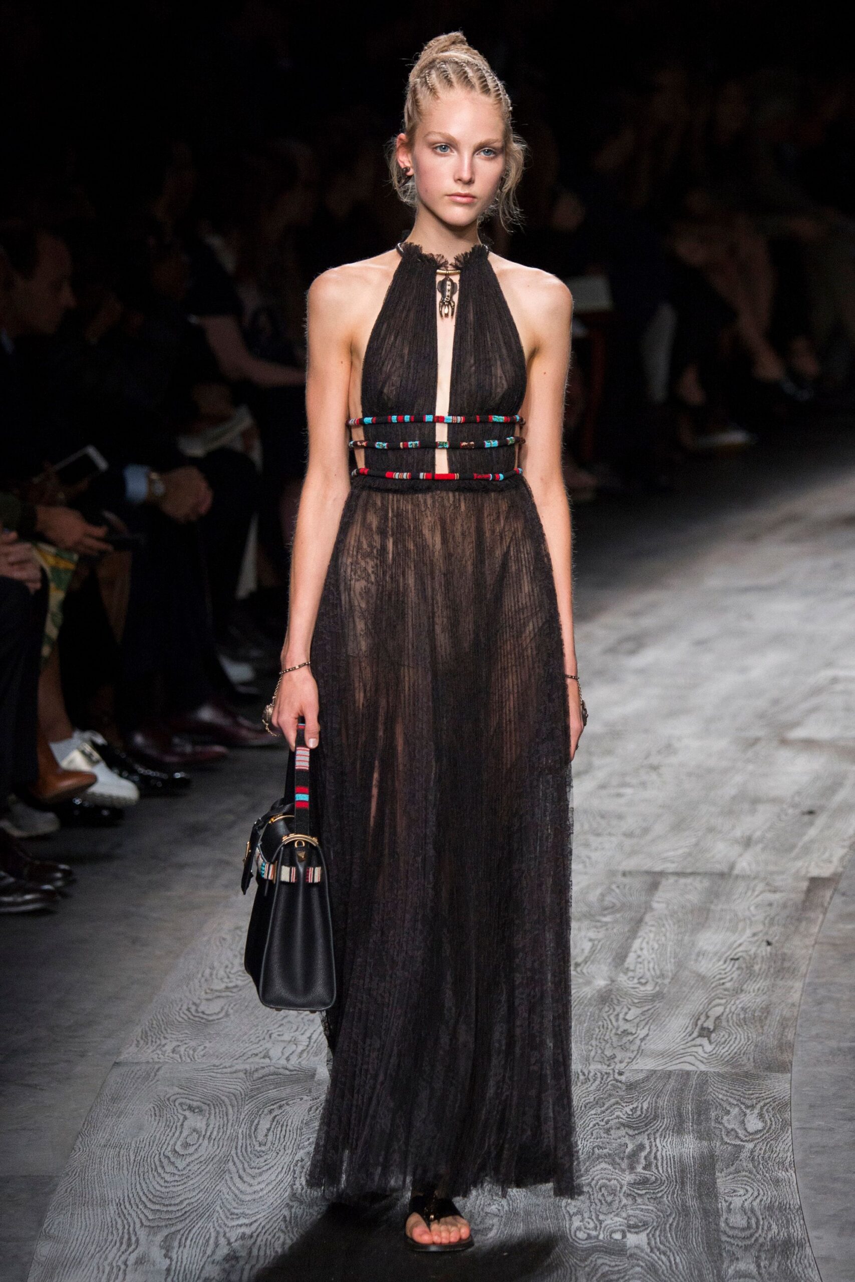 black silk sleeveless v-neck fitted pleated draped gown