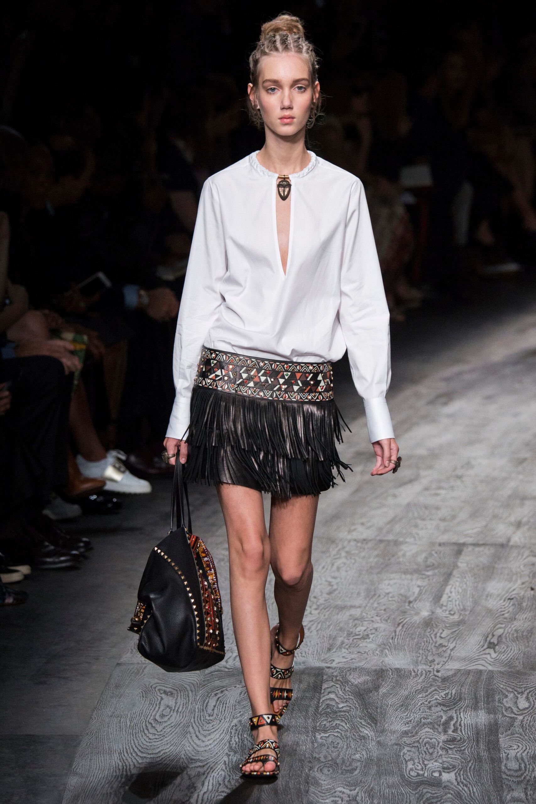 black leather fitted fringed mini skirt