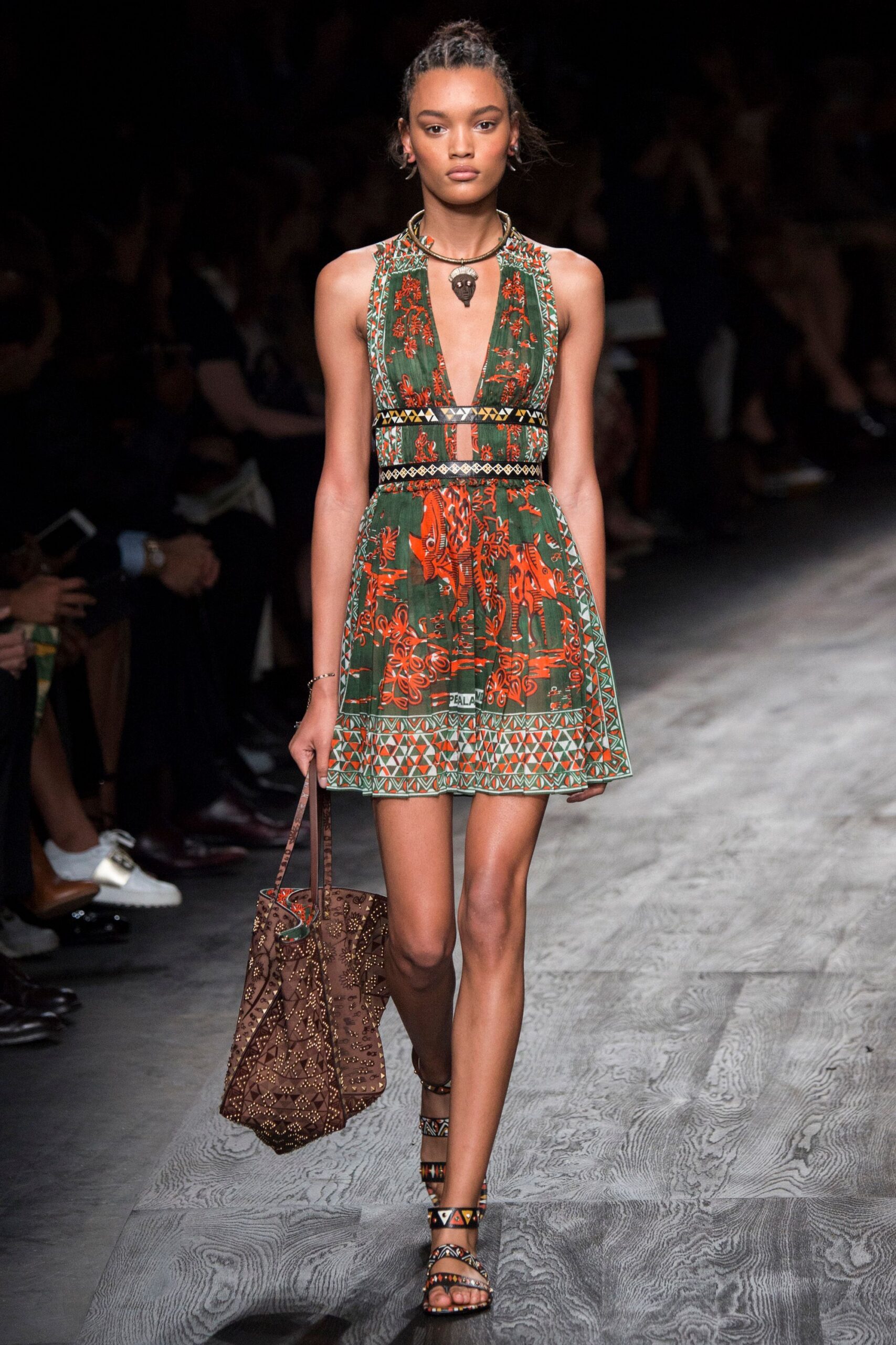 green cotton sleeveless v-neck fitted embroidered flared mini-dress