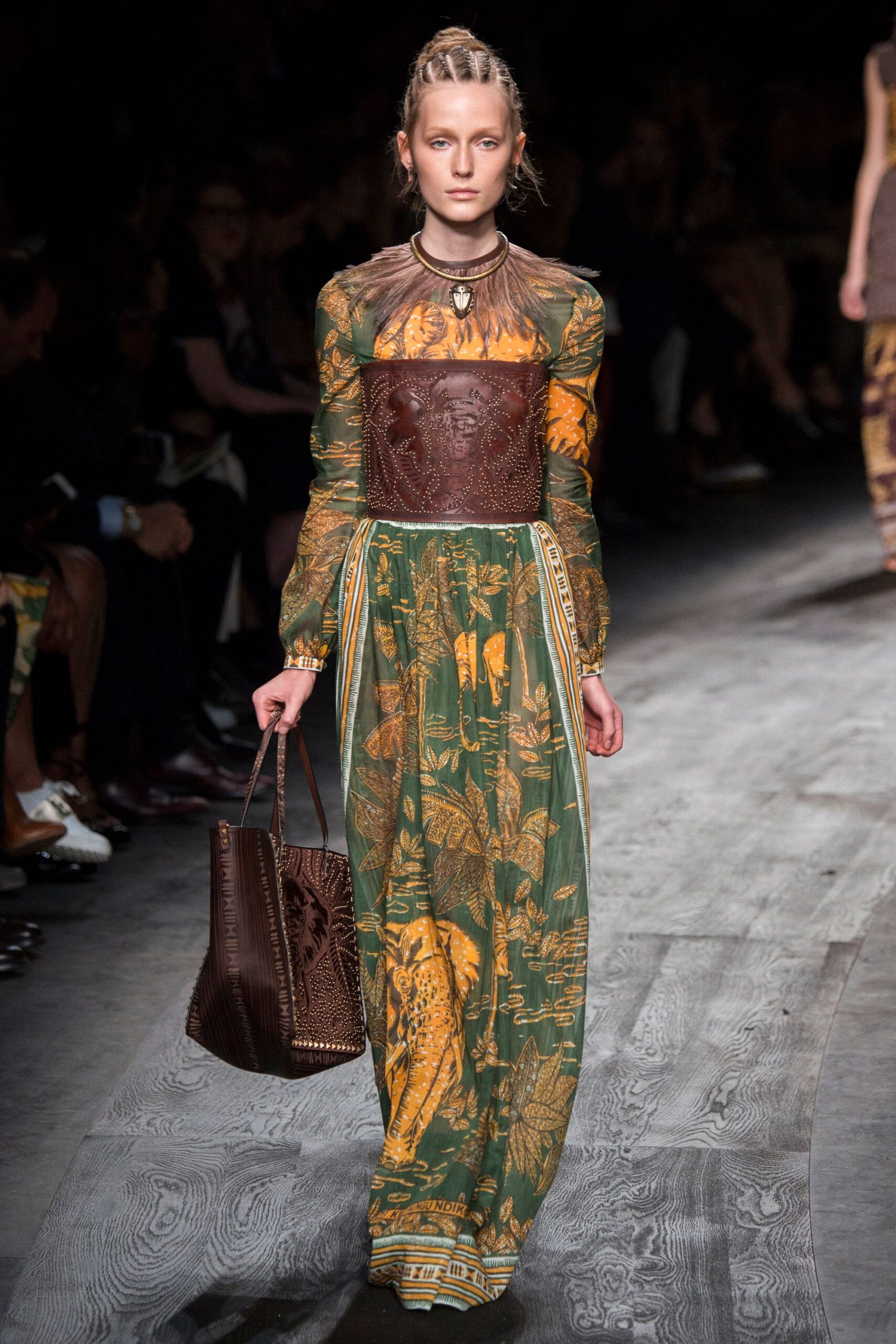 green silk long-sleeve high-neck fitted floral pleated gown
