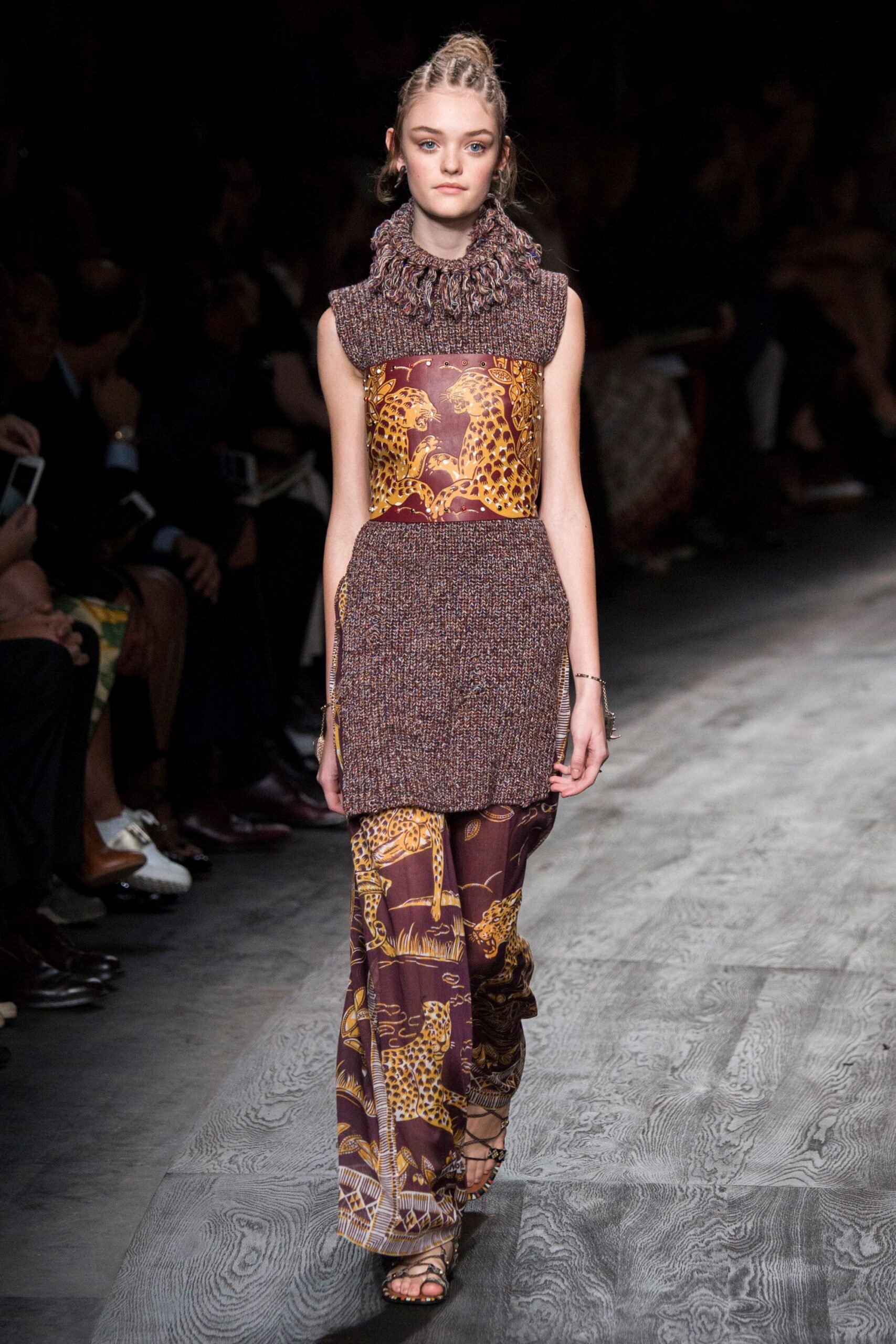 brown cotton sleeveless high-neck fitted pleated printed dress