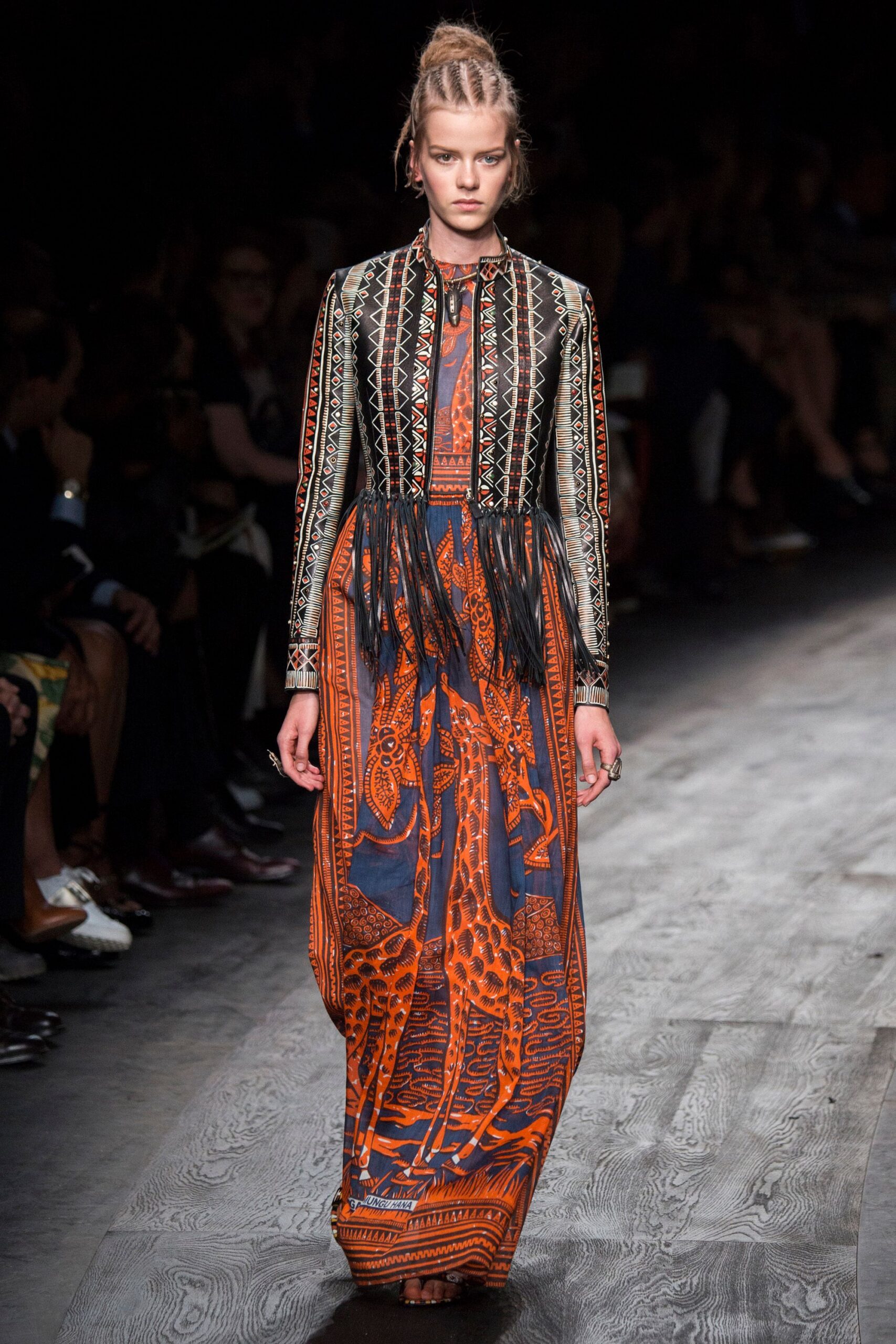 orange and black embroidered gown