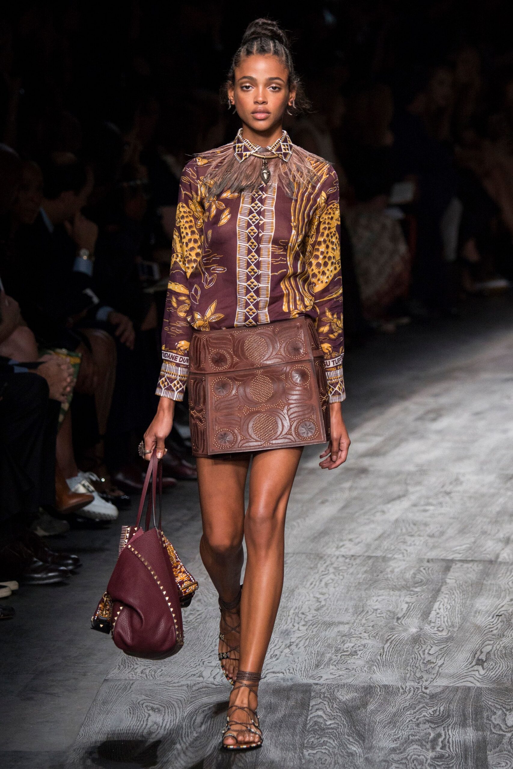 brown silk long-sleeve collared fitted printed shirt