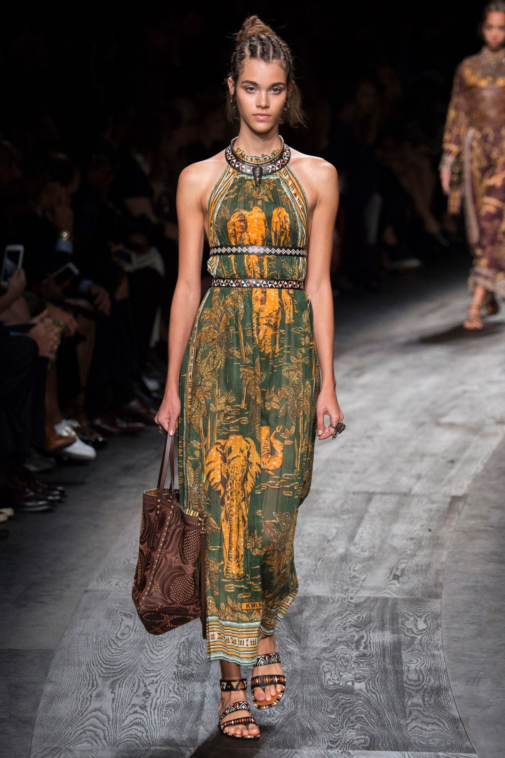 green silk sleeveless high-neck fitted printed maxi dress