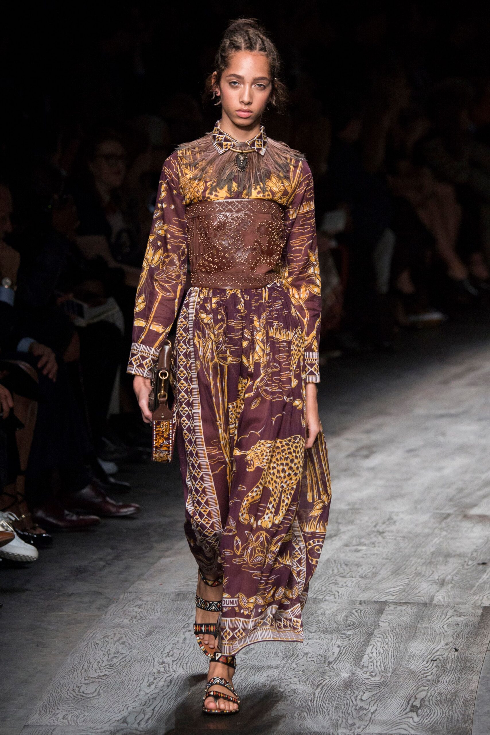 purple silk long-sleeve collared relaxed printed tiered dress