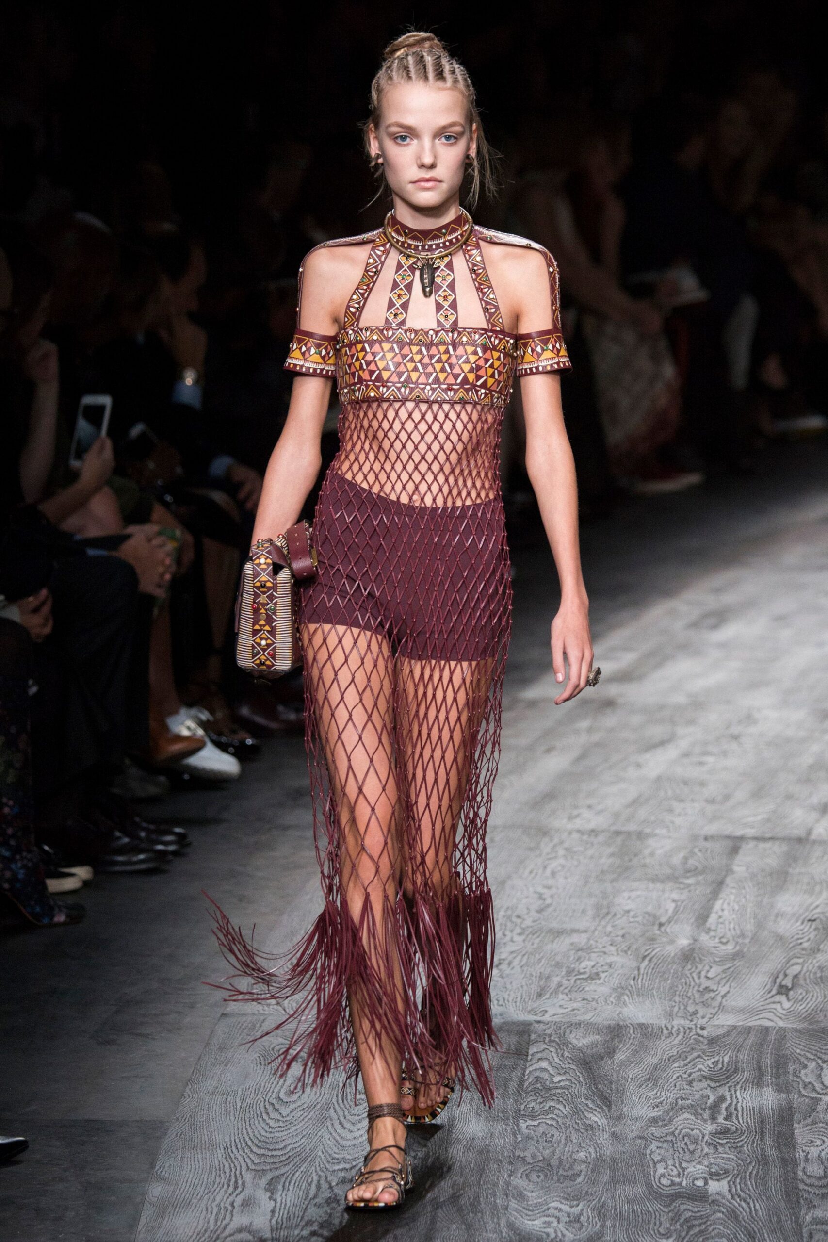 brown mesh sleeveless halter fitted embroidered fringed top