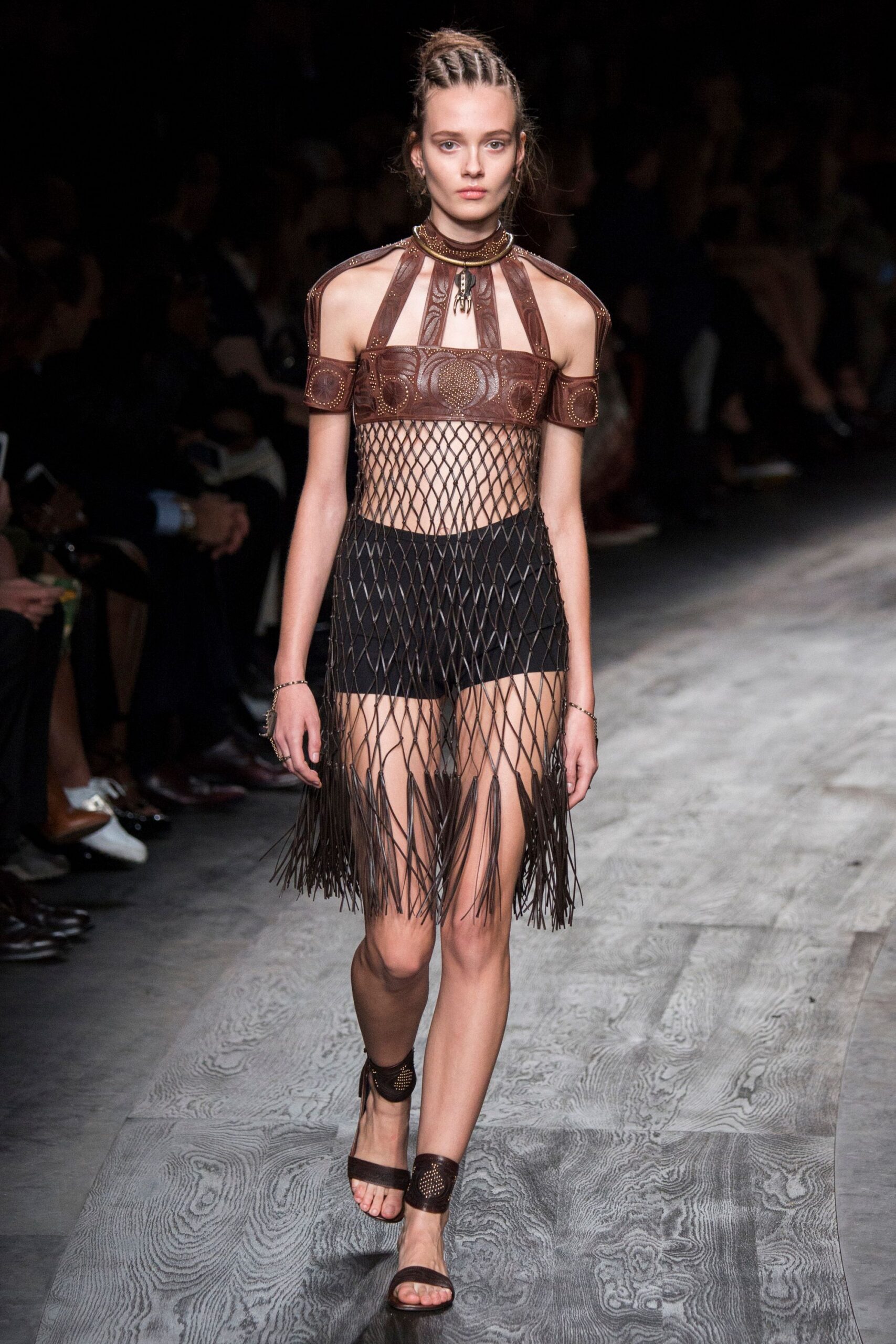 brown leather sleeveless high-neck fitted fringed top