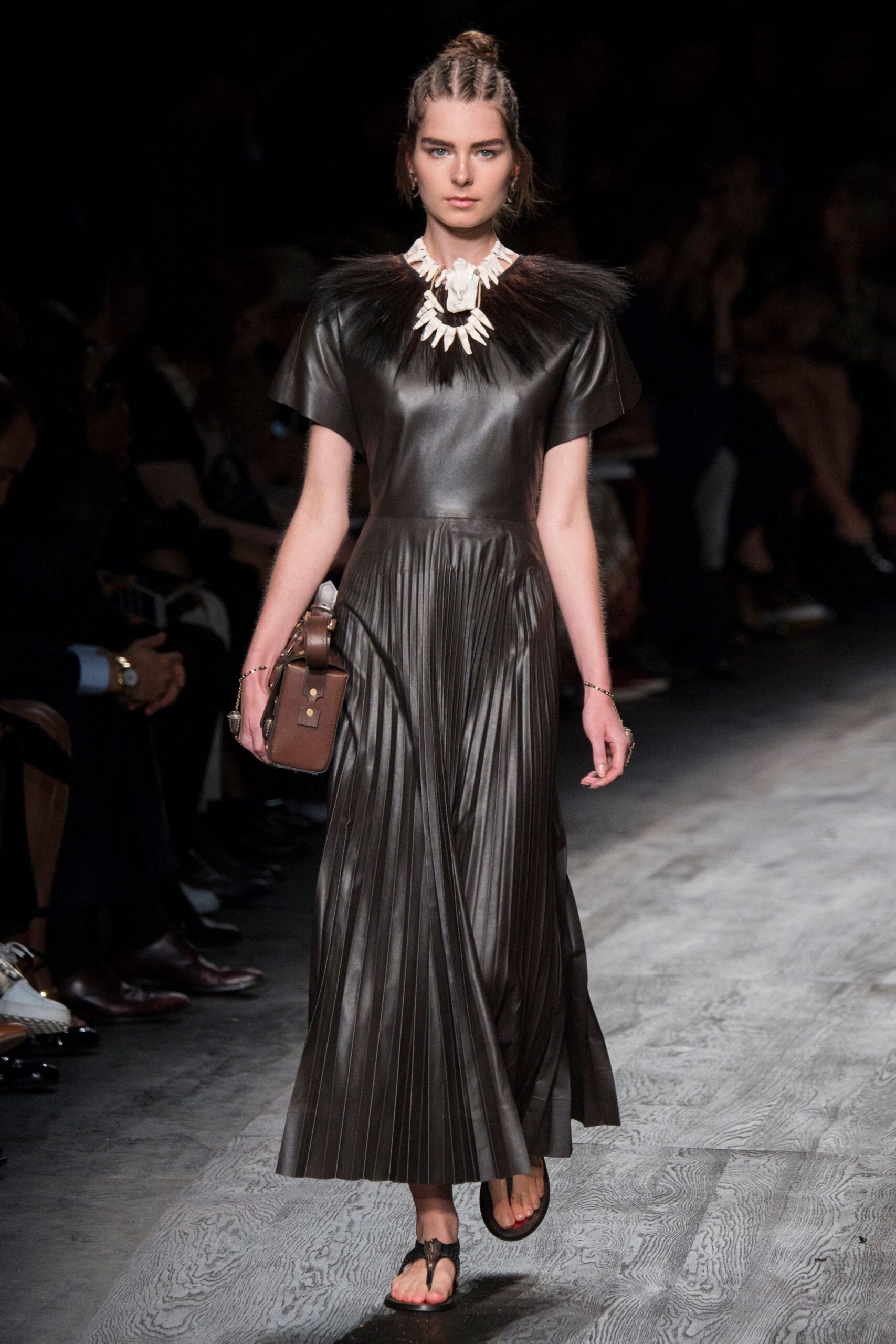 black leather short-sleeve v-neck fitted pleated midi dress