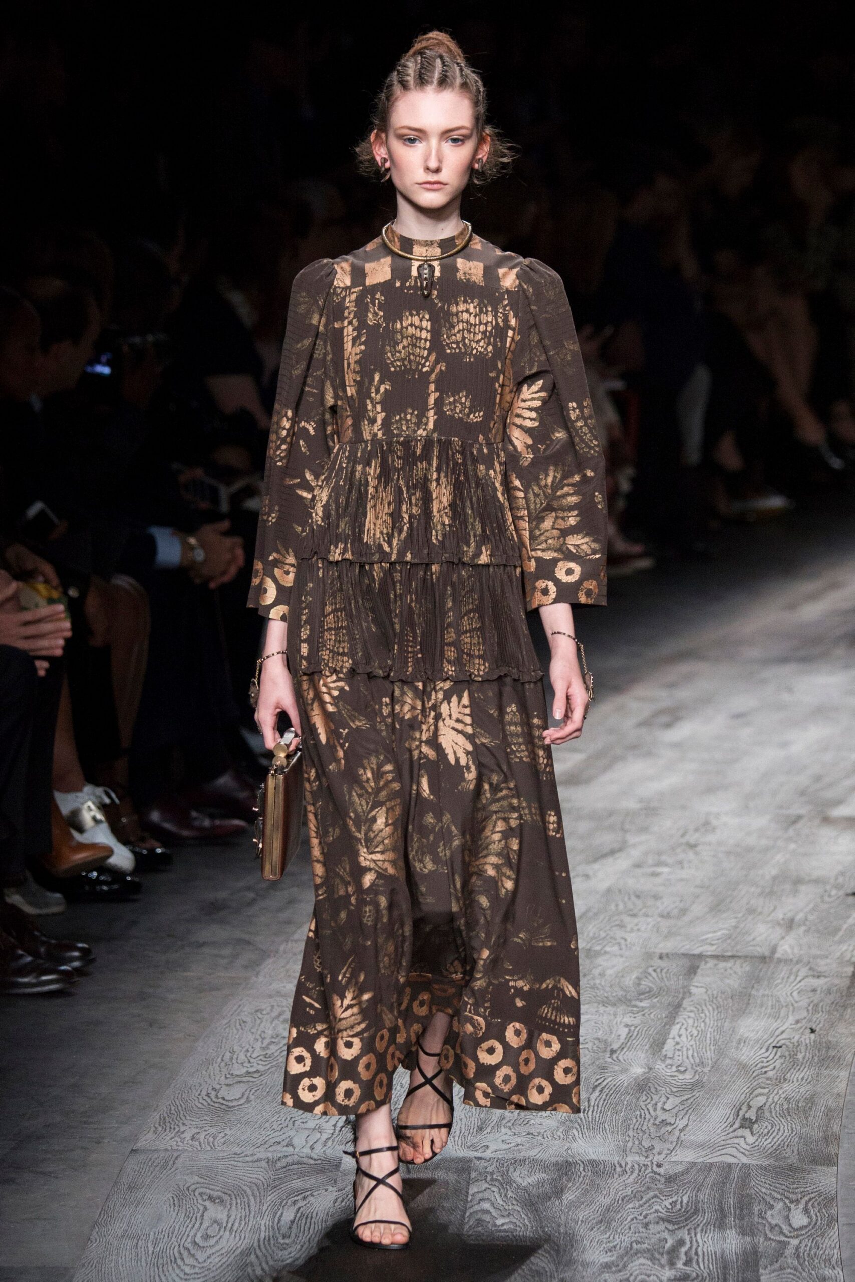 brown silk long-sleeve collared relaxed tiered flared dress