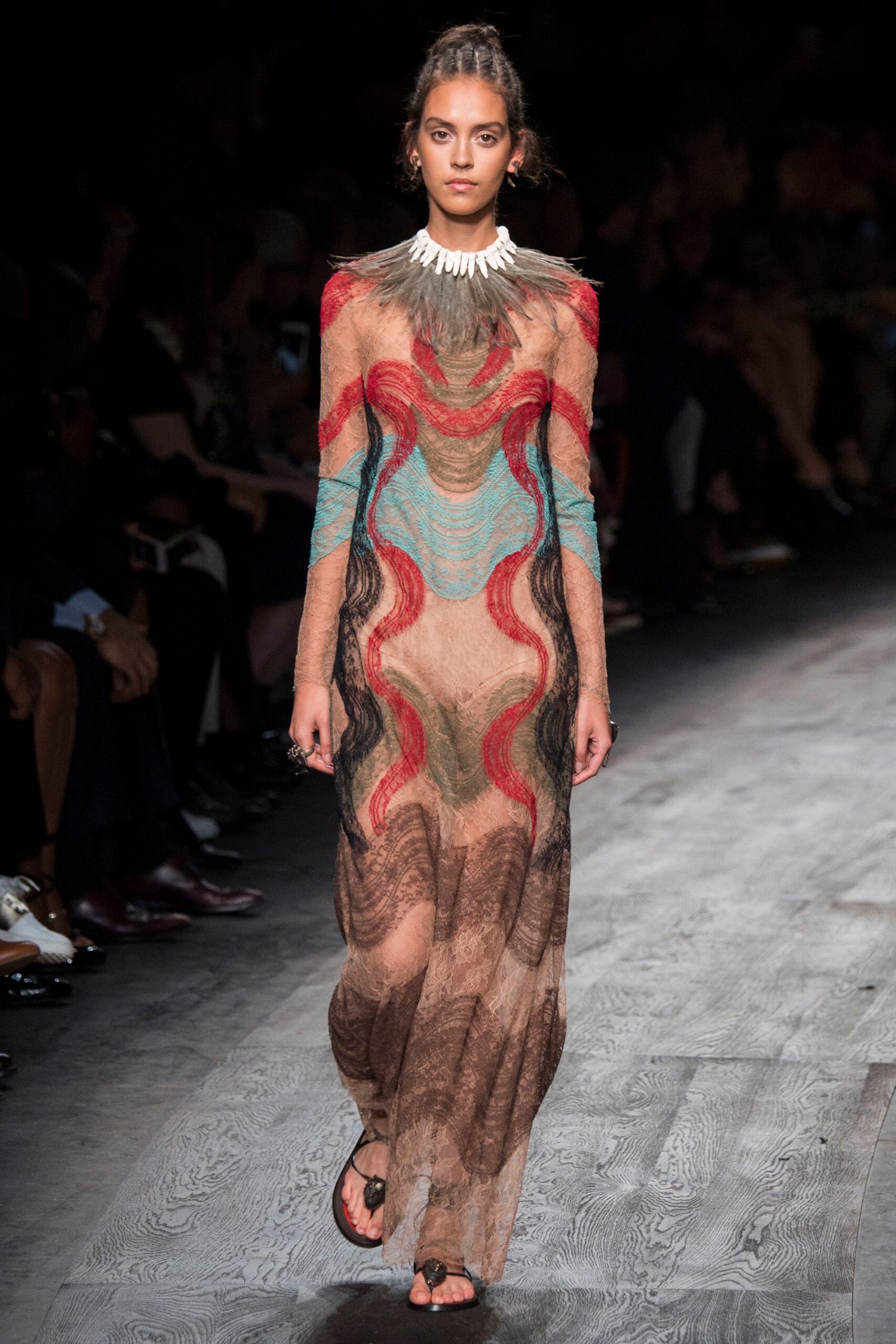 sheer layered printed gown with sandals