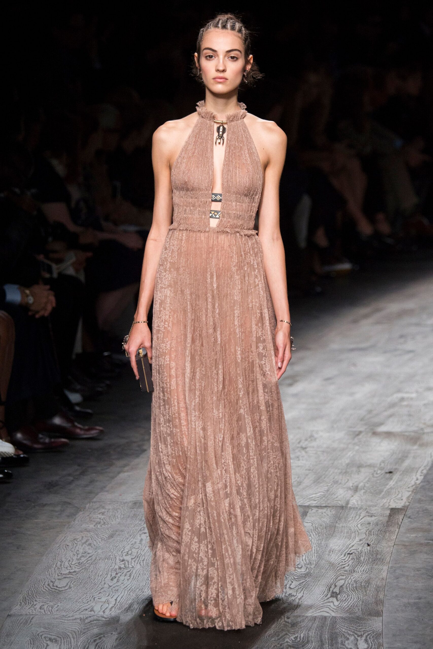 beige silk sleeveless high-neck fitted pleated draped gown