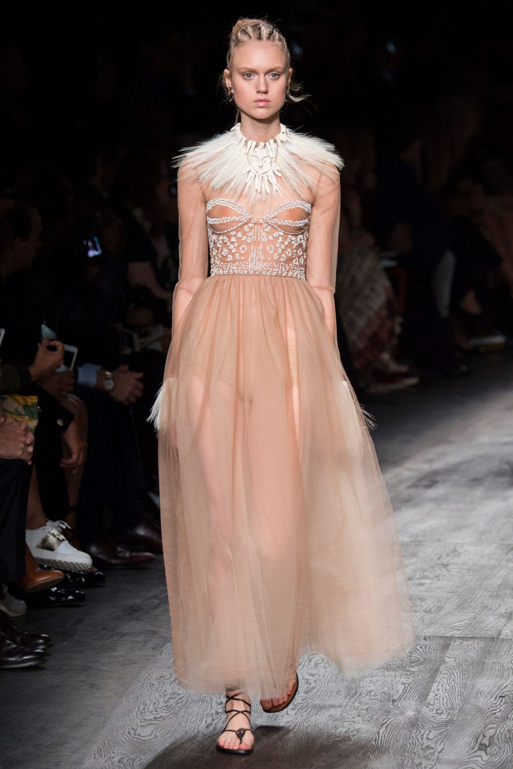 beige tulle sleeveless v-neck fitted embroidered layered gown