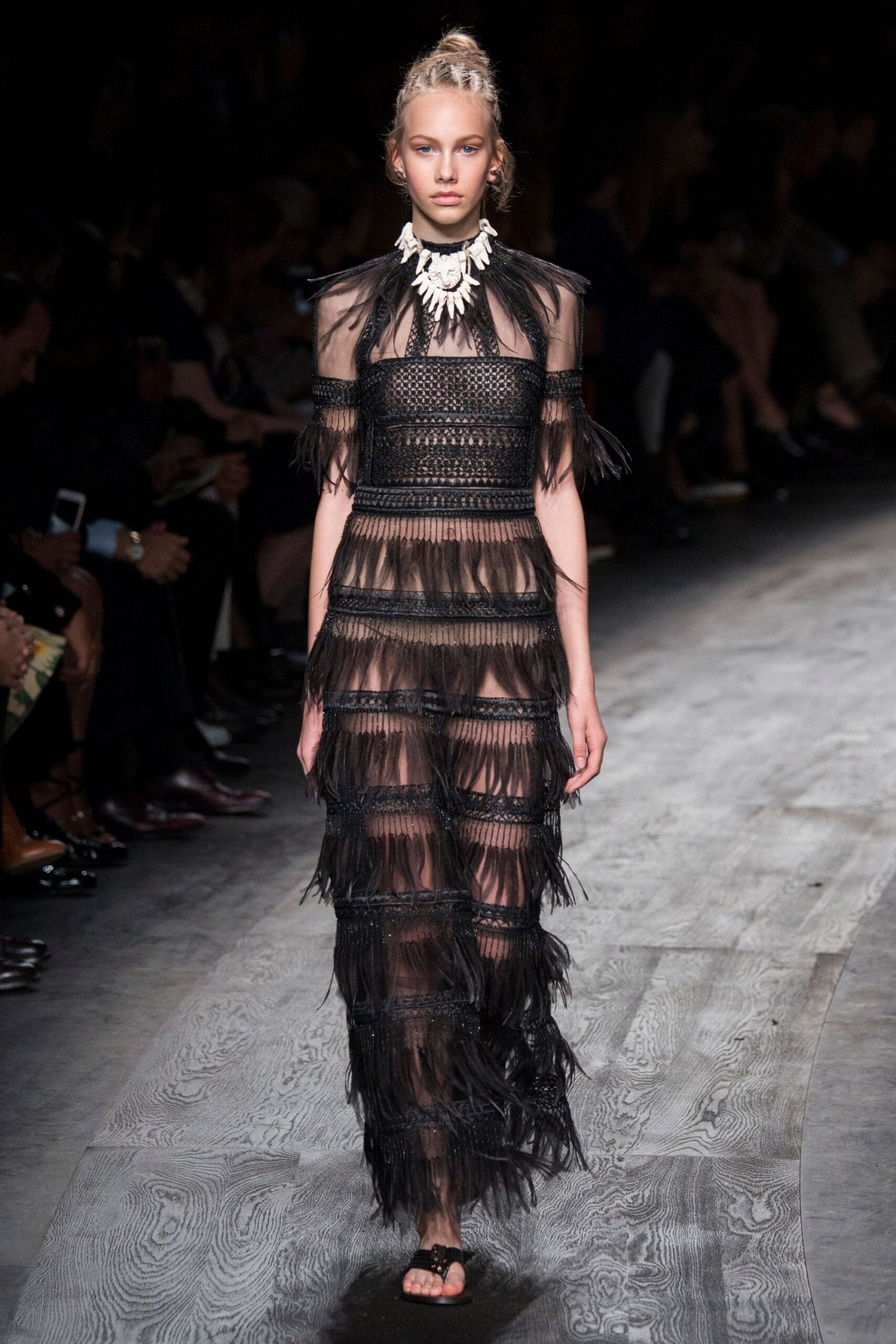black lace sleeveless v-neck fitted fringed layered gown