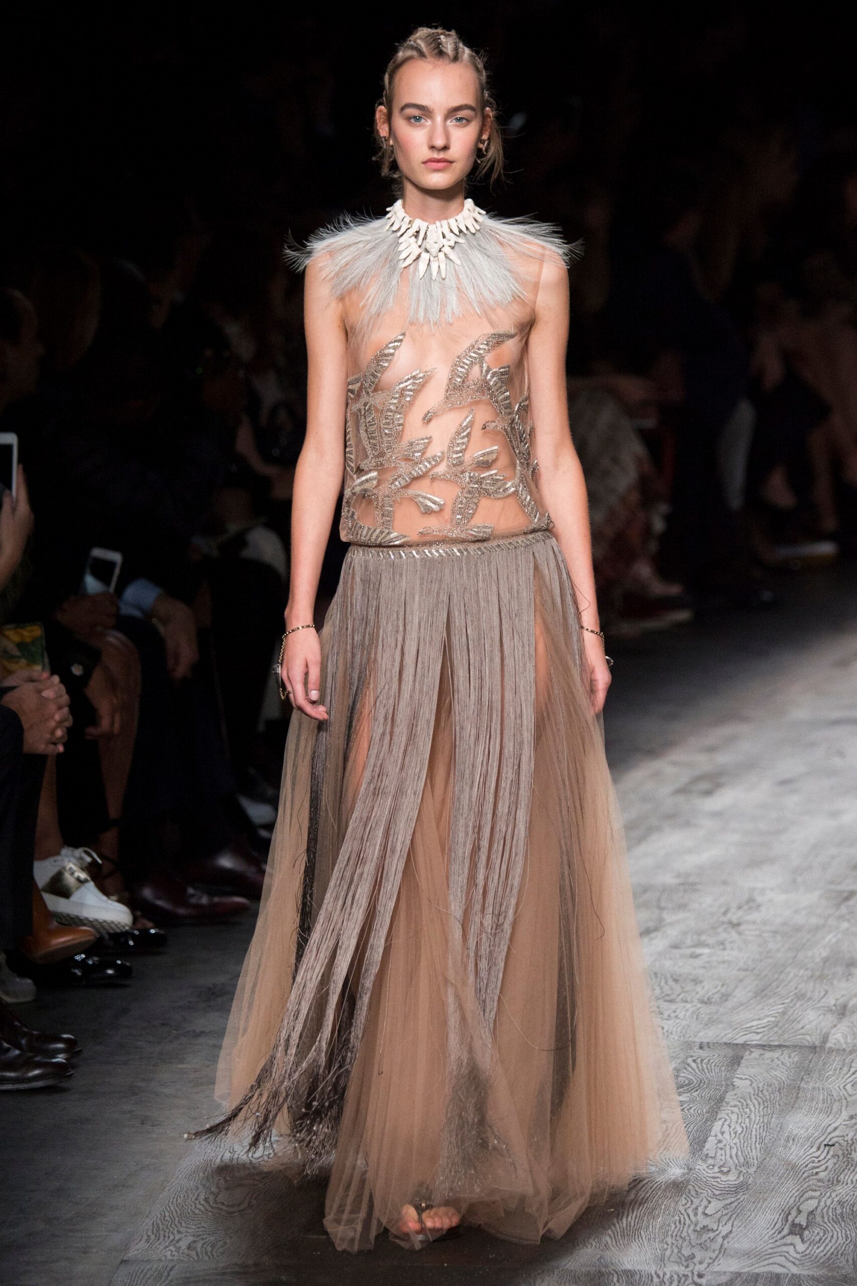 beige tulle sleeveless v-neck fitted layered pleated gown
