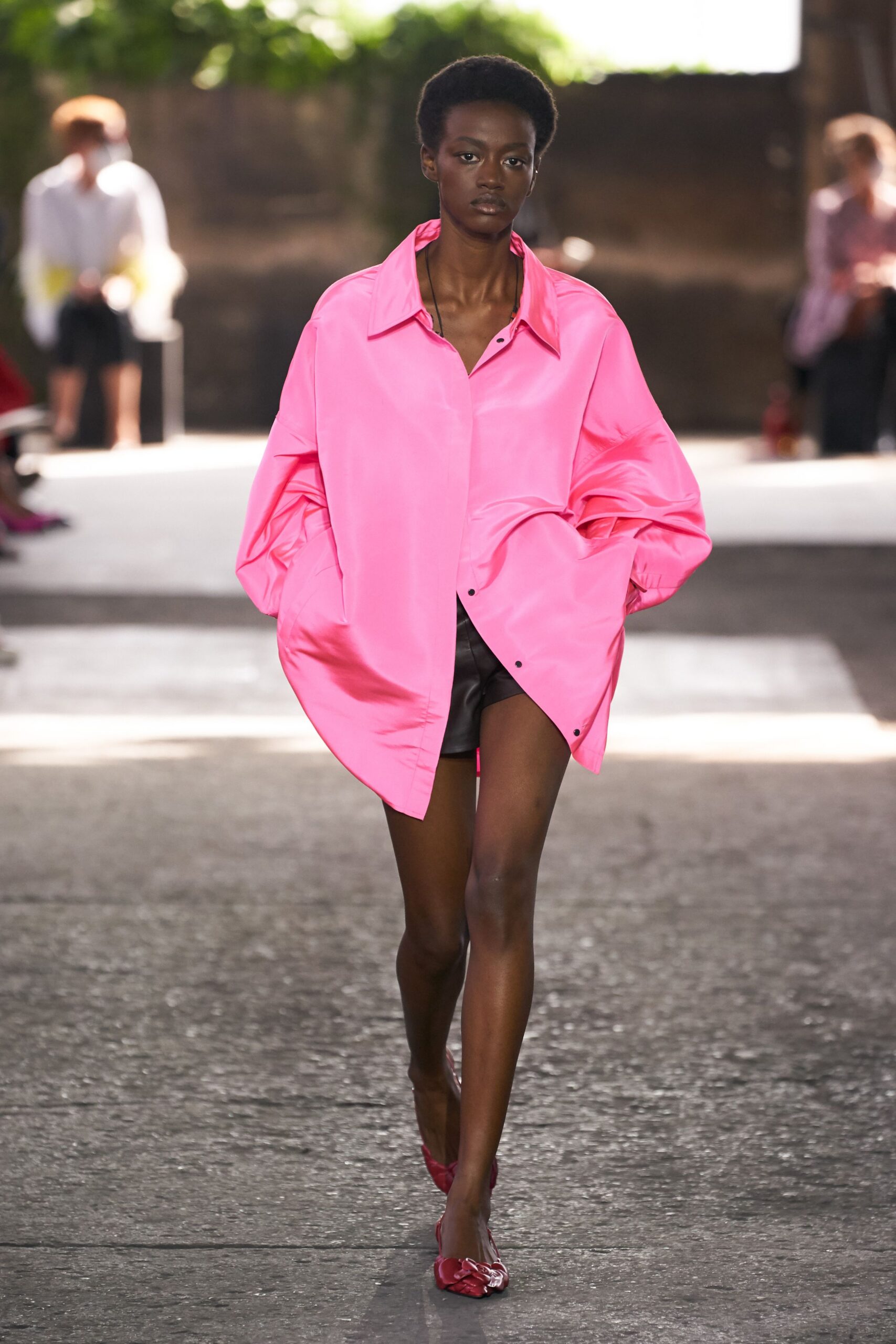 pink silk long-sleeve collared oversized shirt