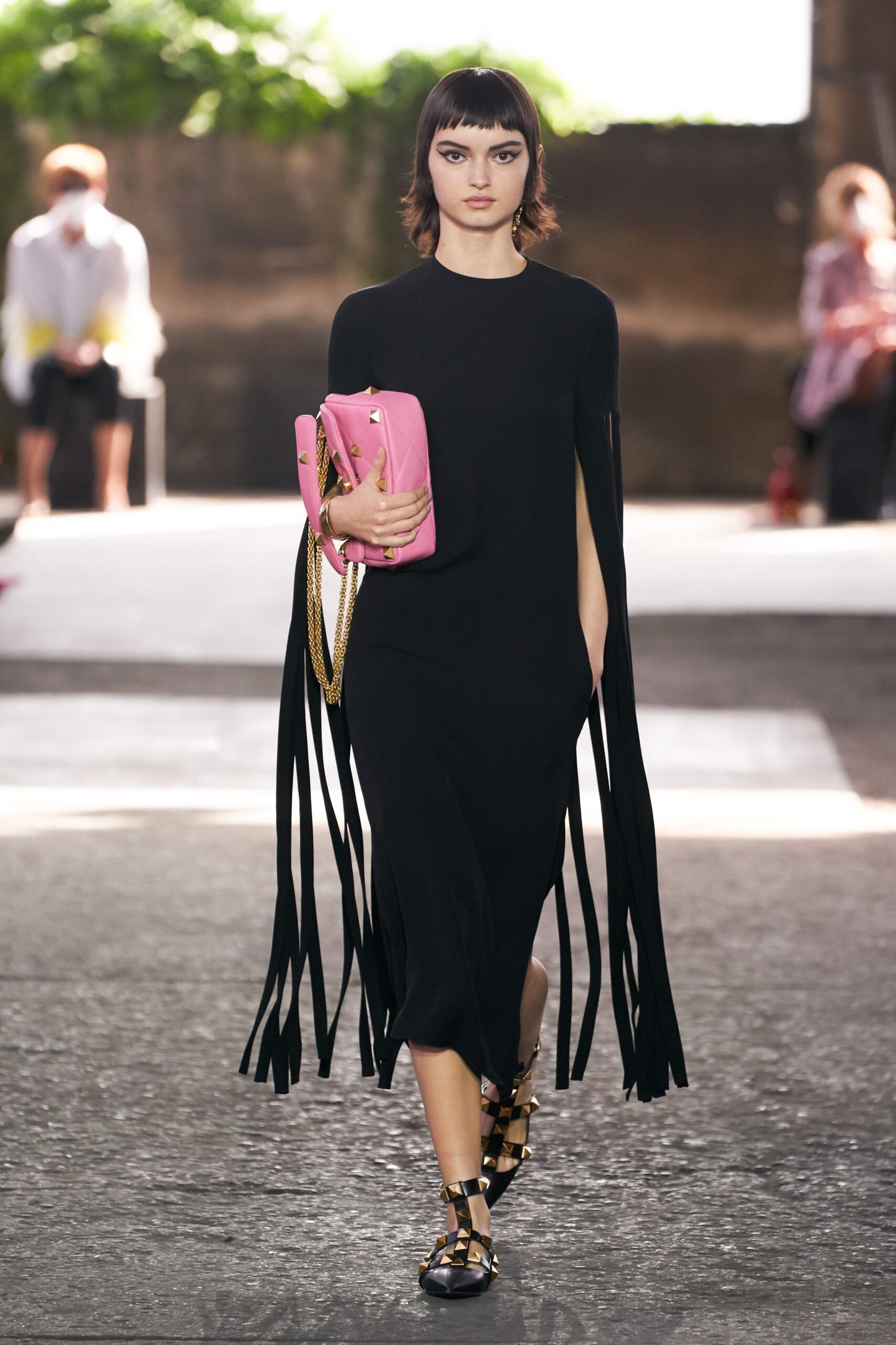black fitted midi dress with fringes