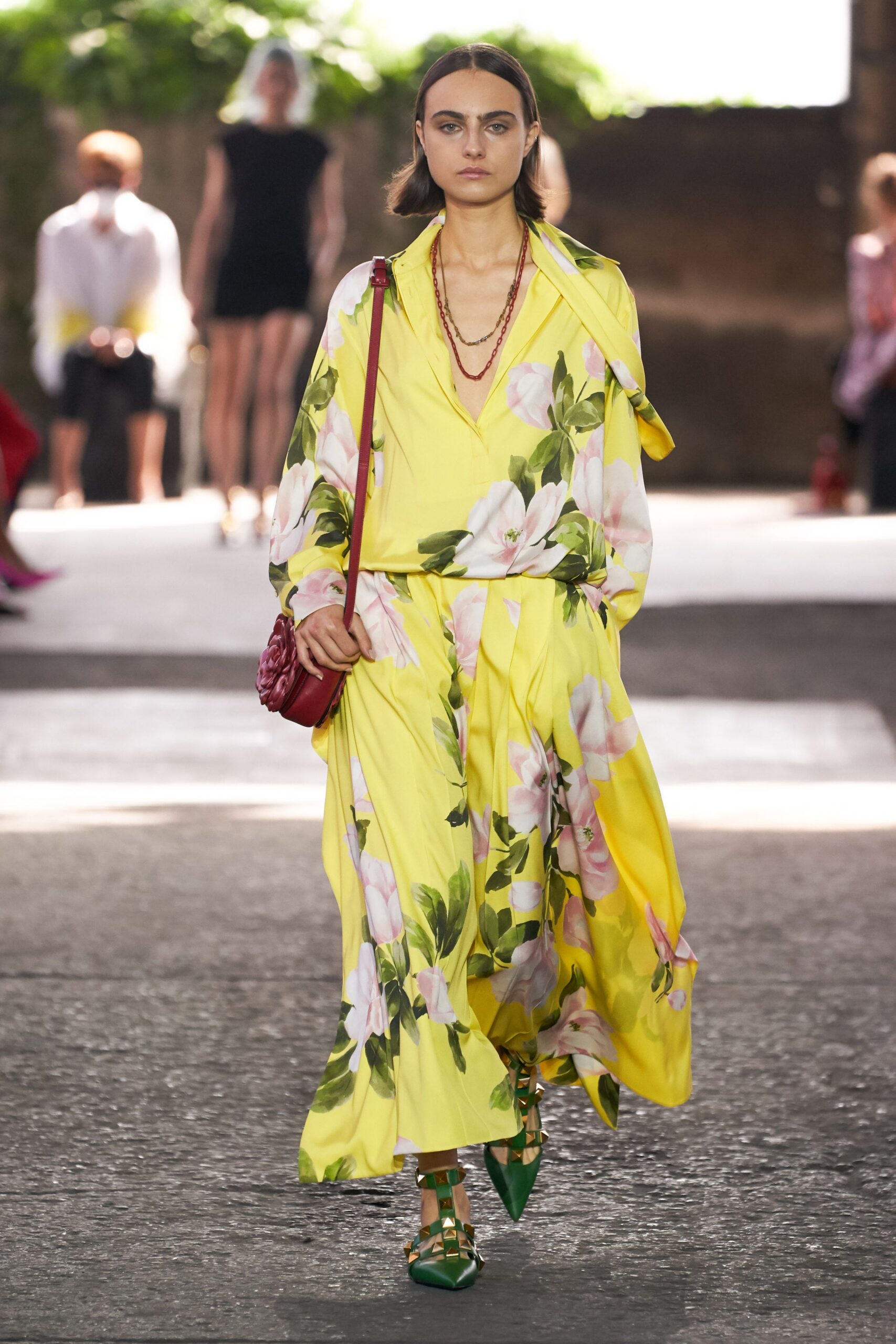 yellow silk long-sleeve v-neck relaxed floral tiered dress