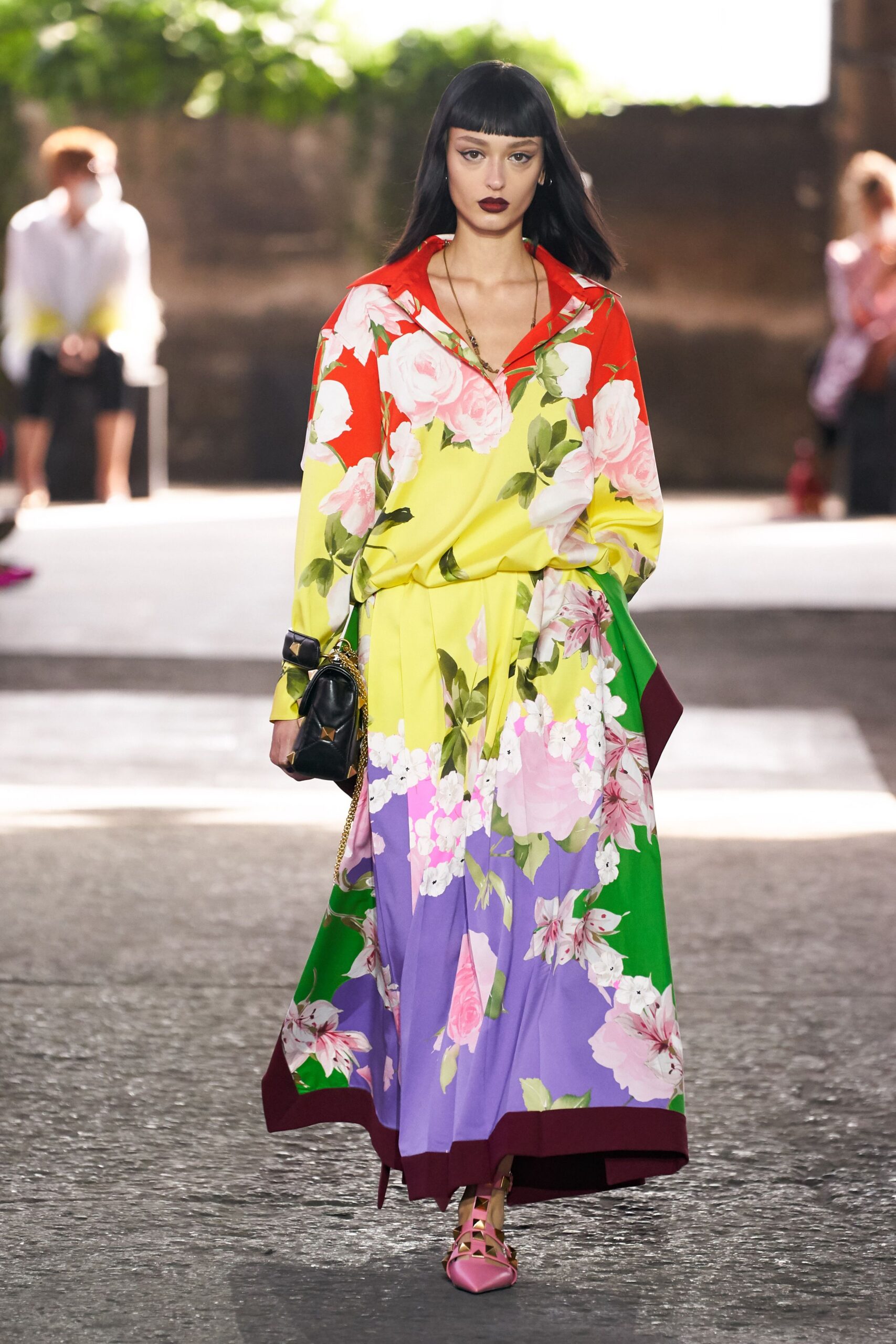 yellow long-sleeve collared relaxed floral layered maxi dress