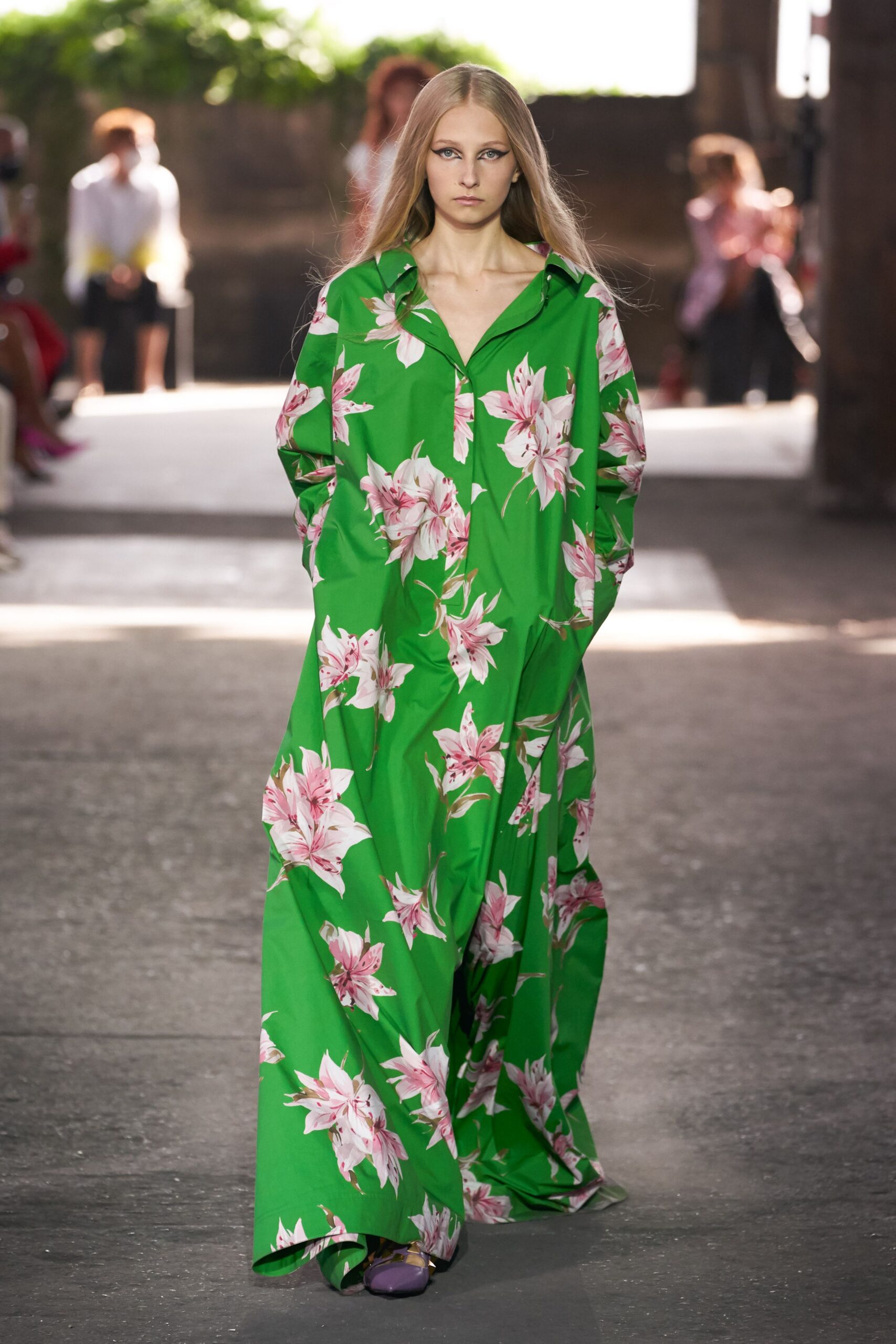 green cotton long-sleeve collared relaxed floral maxi dress