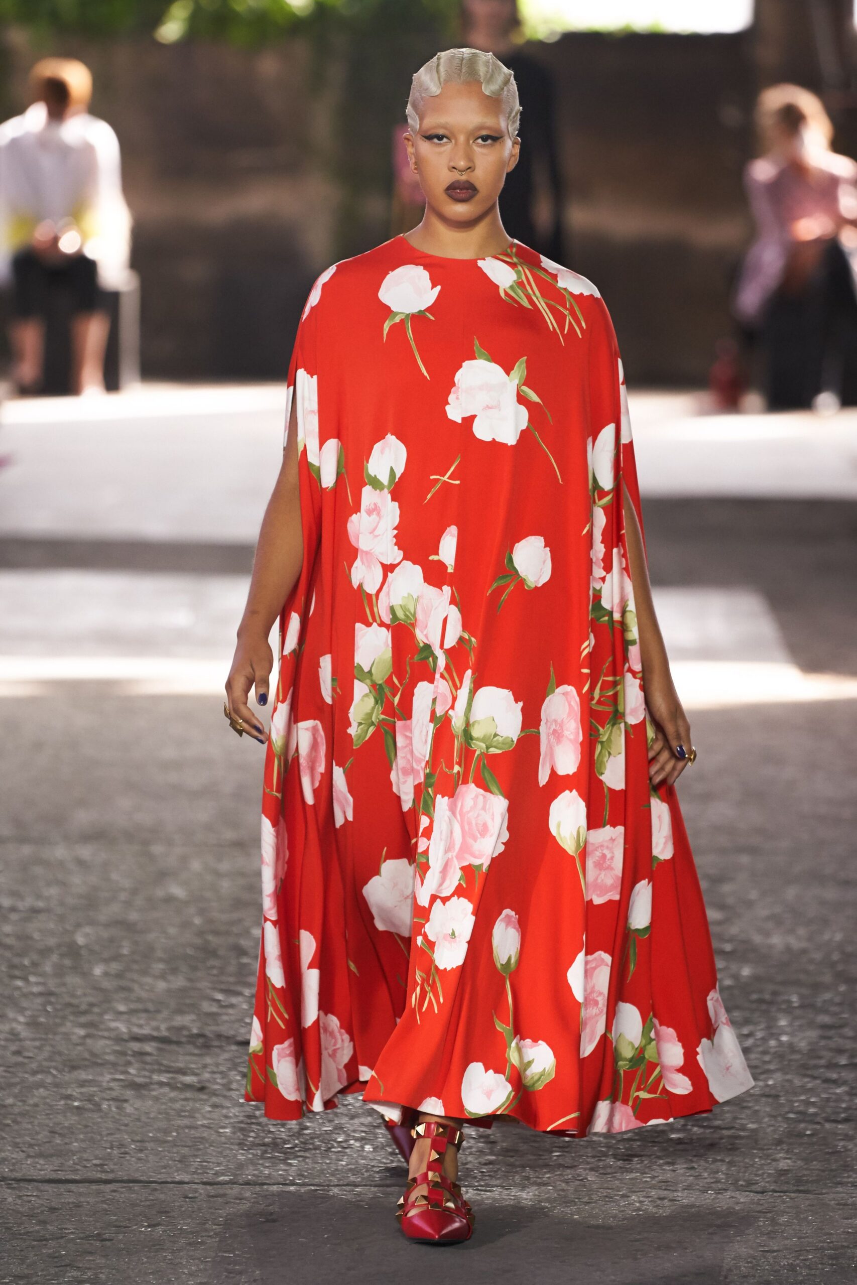 red silk sleeveless relaxed floral maxi dress