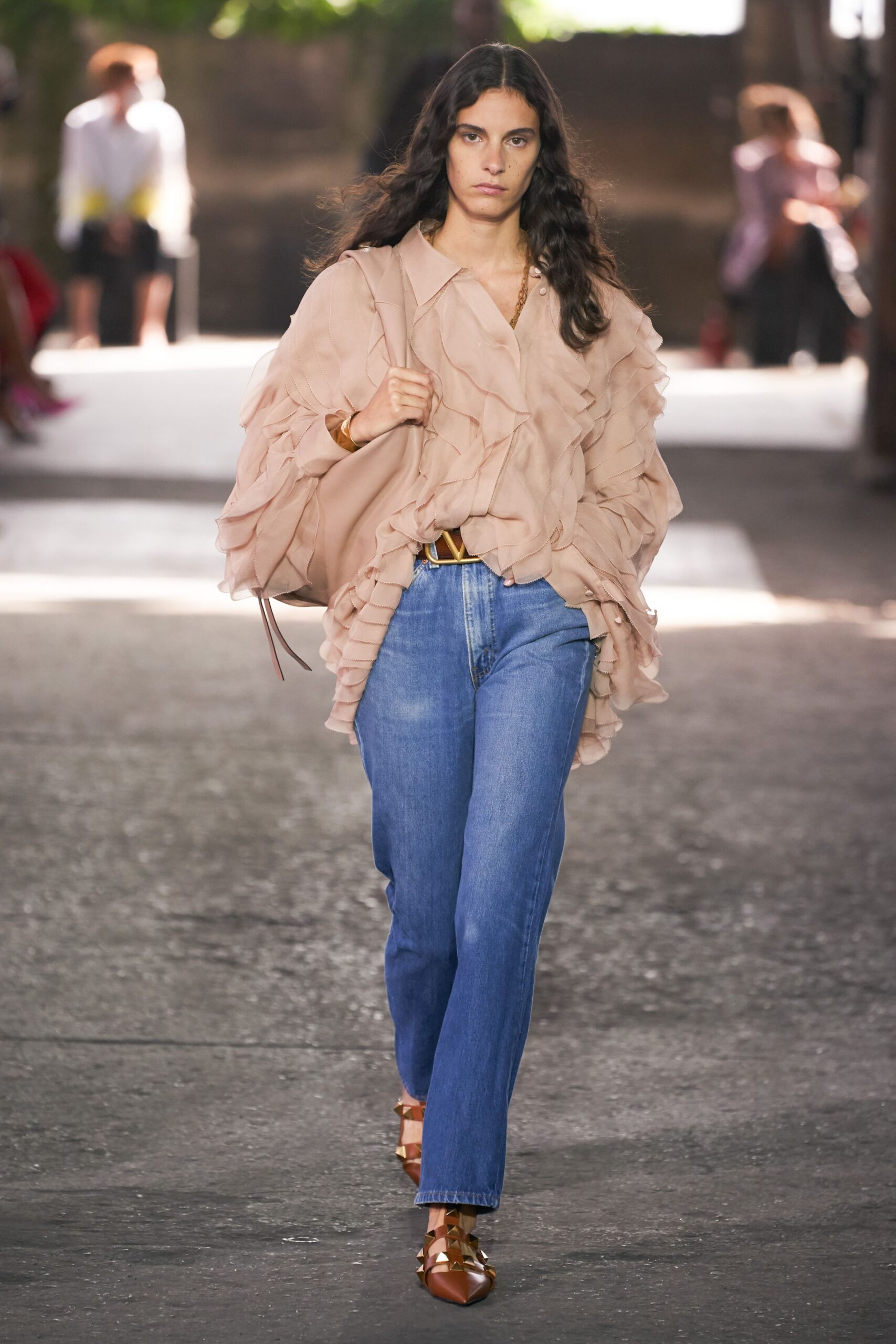 beige silk long-sleeve collared relaxed ruffled blouse