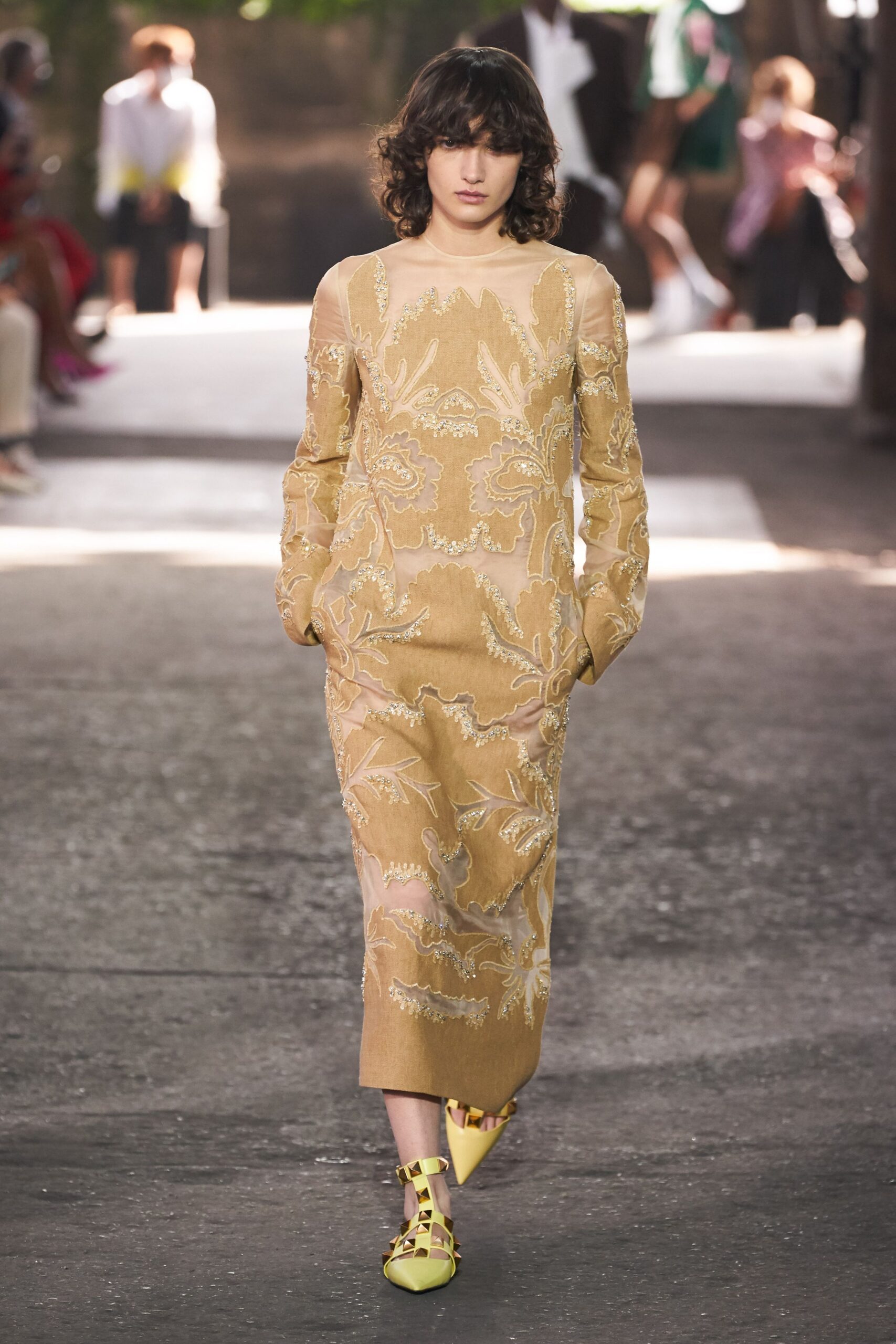 beige silk long-sleeve high-neck fitted embroidered straight-leg dress