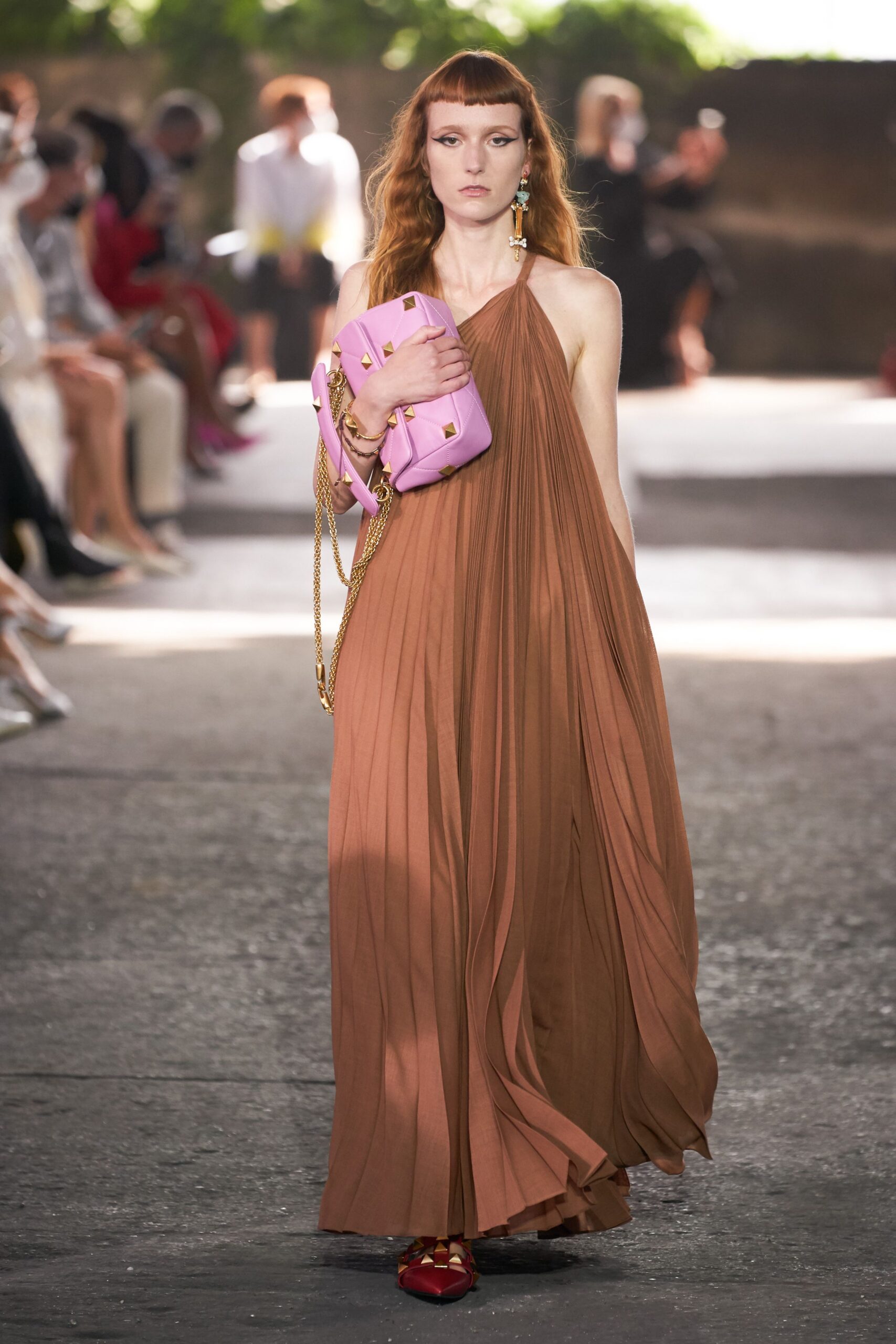 brown silk sleeveless halter relaxed pleated flowing dress
