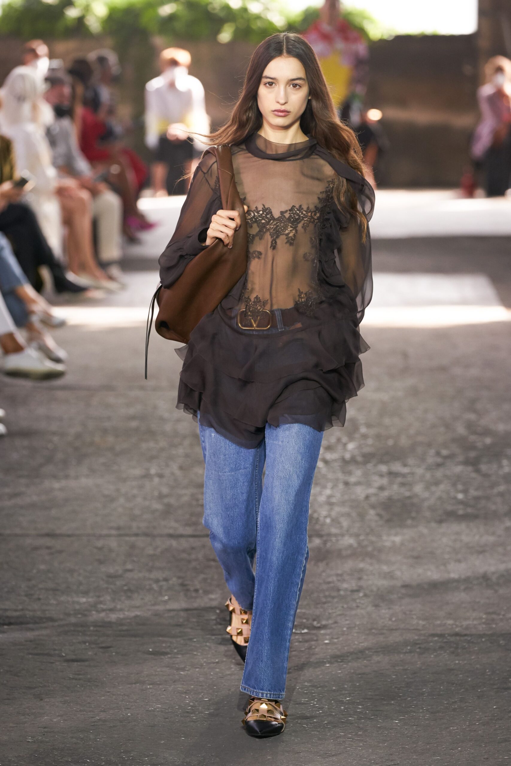 black chiffon long-sleeve high-neck relaxed ruffled sheer top