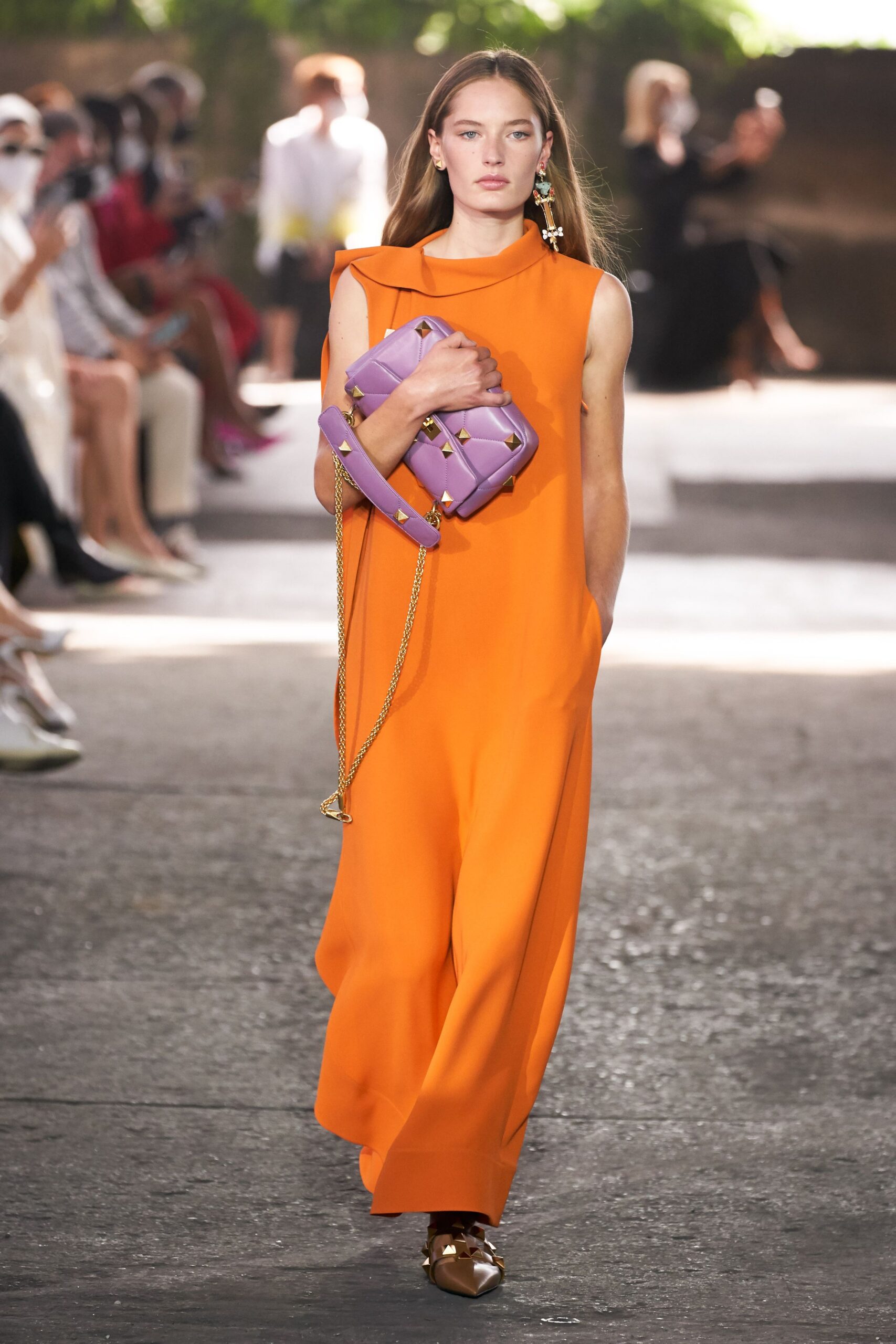 orange maxi dress with purple bag