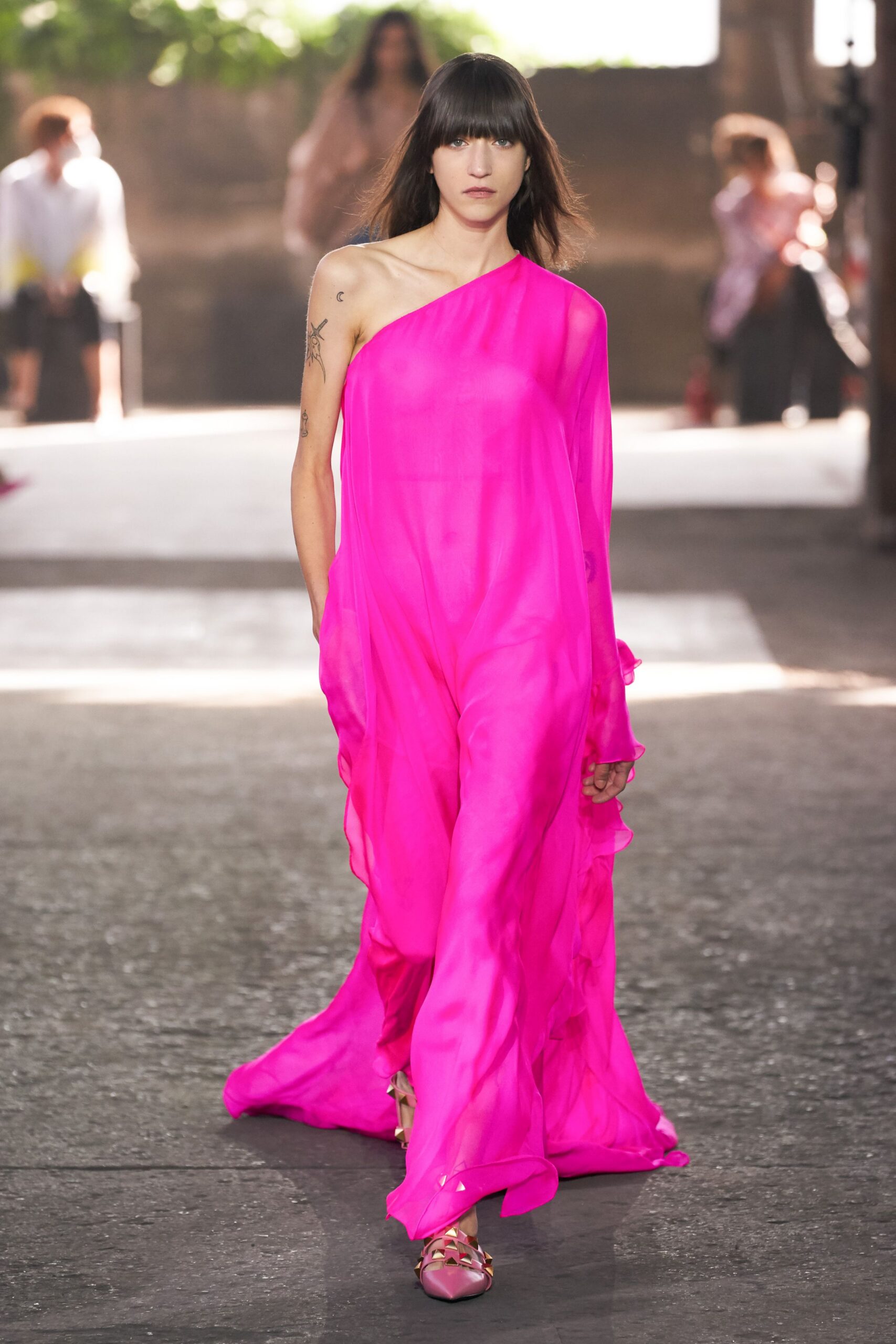 pink silk sleeveless asymmetric relaxed draped flowing dress