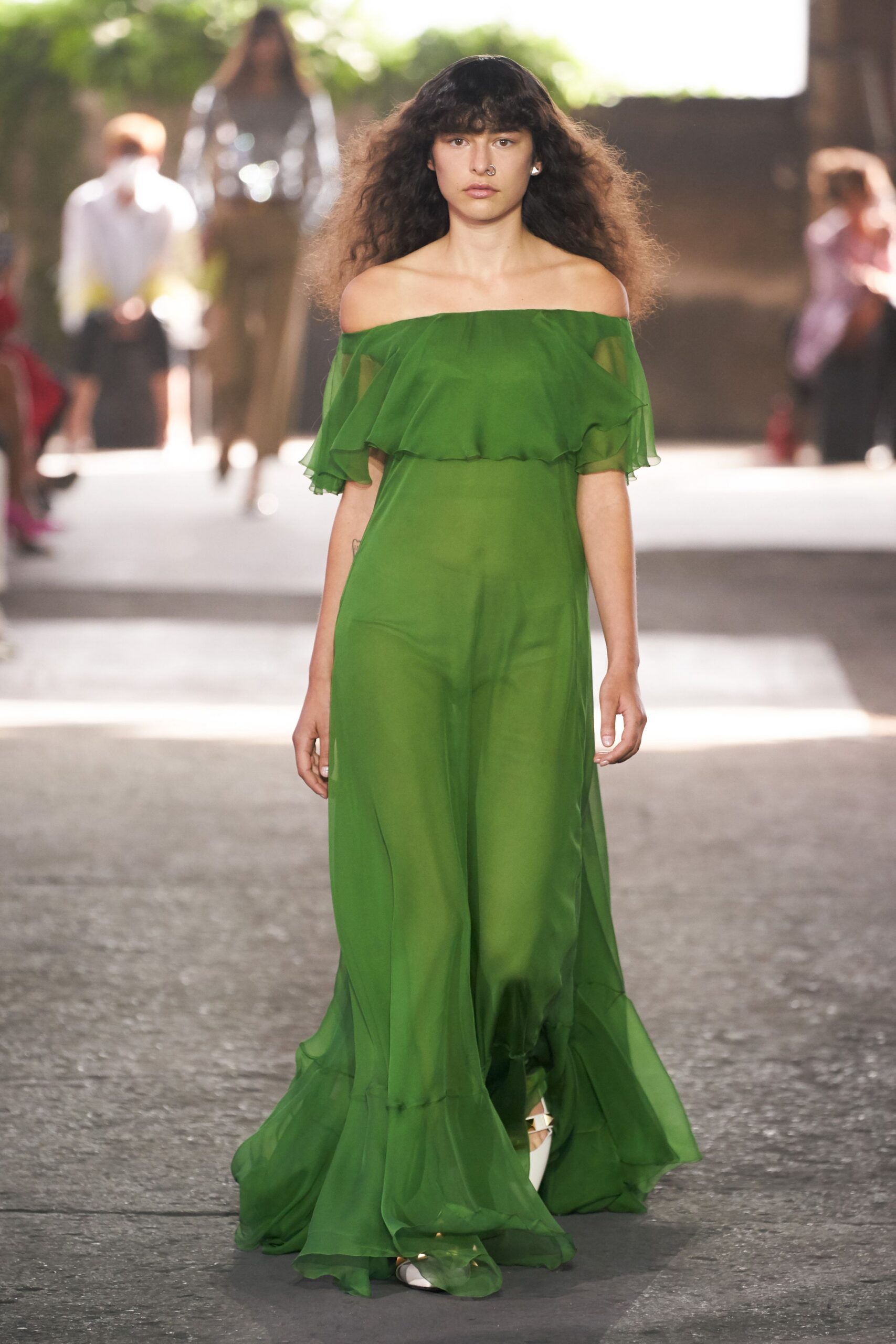 green chiffon off-shoulder long-sleeve fitted layered gown